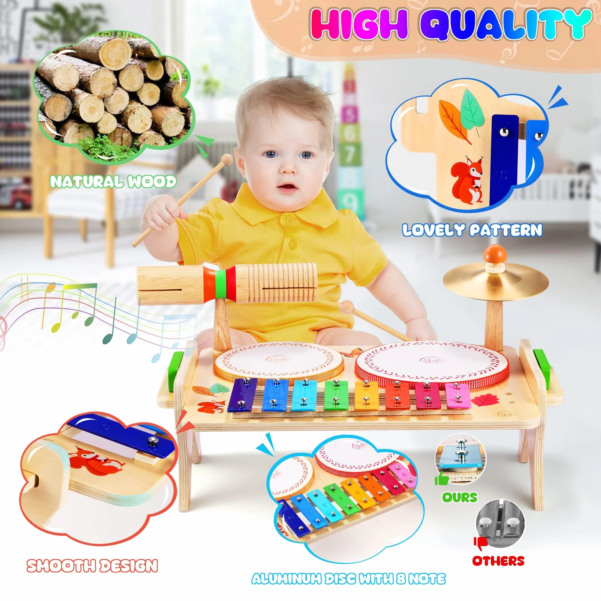 Sweet Time Bęben dla Niemowląt - Instrument Muzyczny, Zestaw Perkusyjny dla Dzieci, Drewniany Stół Muzyczny, Zabawki Montessori dla Chłopców i Dziewcząt
