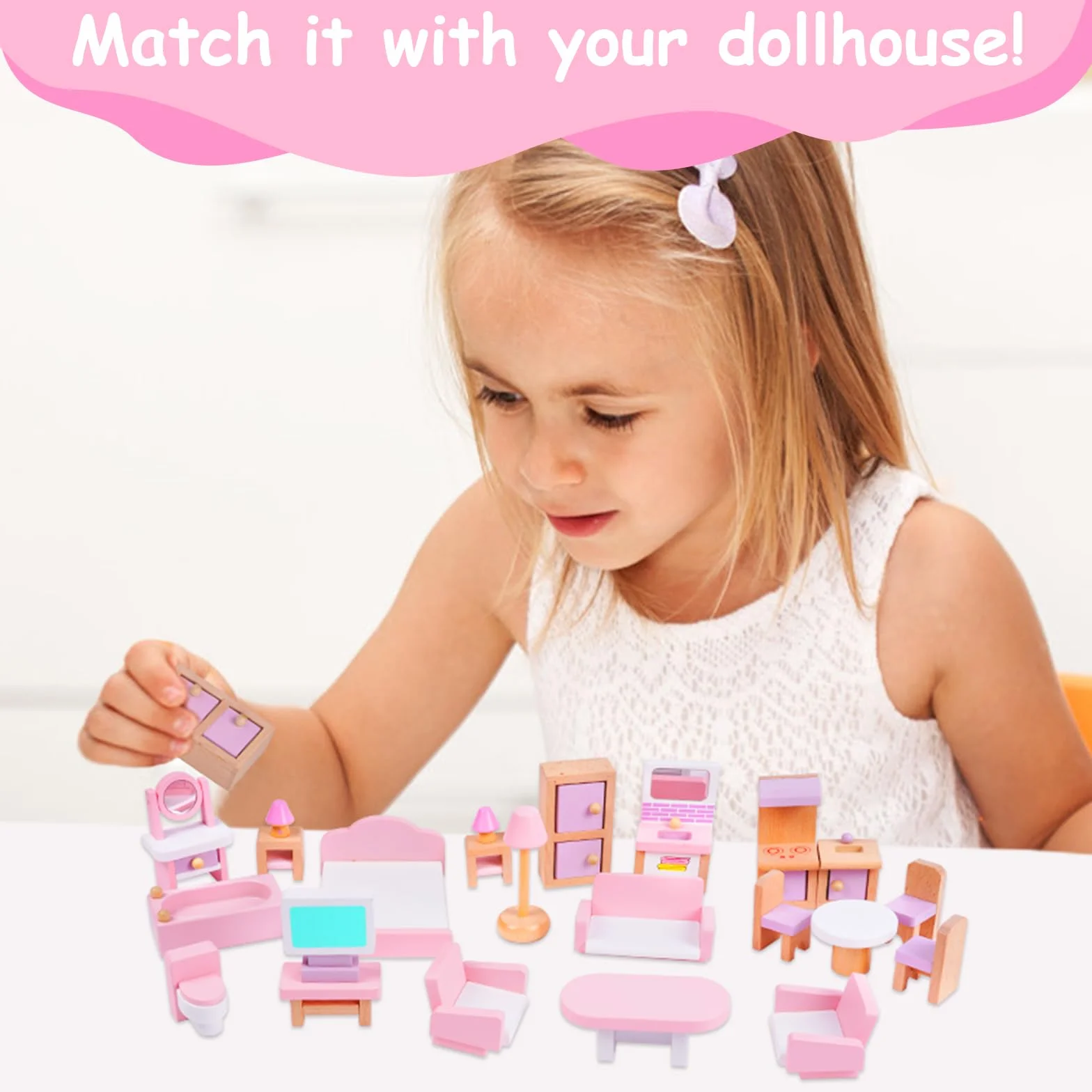 HOTUT Meble do domku dla lalek, 22 sztuki drewnianych Meble dla lalek zawiera, mini meble do domku dla lalek z sypialnią, łazienką, salonem, kuchnia, domek dla lalek akcesoria