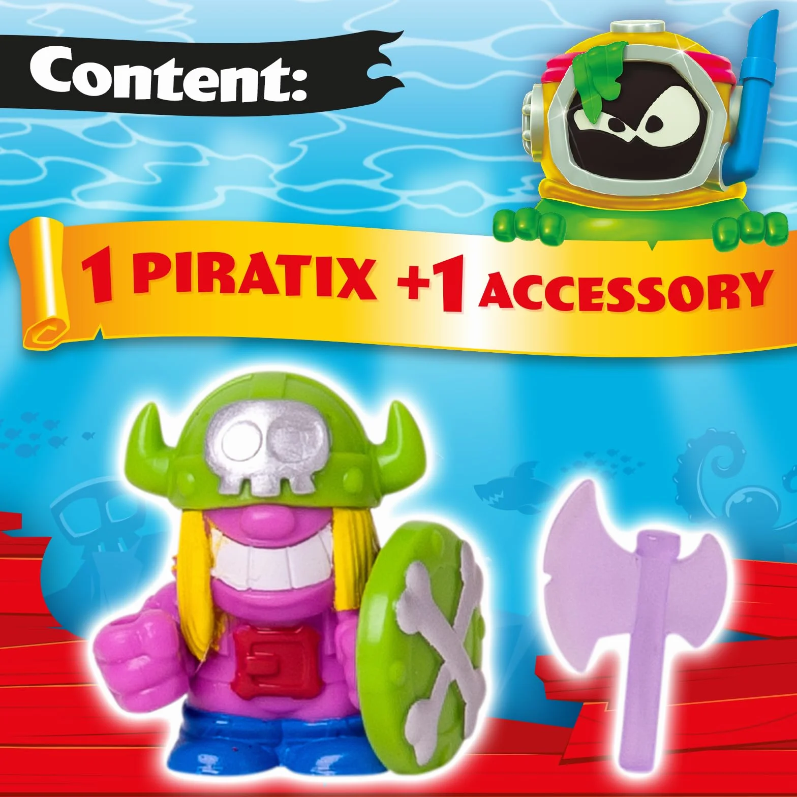 PIRATIX Seria Shark Treasure One Pack 24szt.– Pudełko zawiera 24 saszetki z kolekcjonerskimi figurkami piratów z serii Shark Treasure. Każda saszetka zawiera 1 figurkę Piratix i 1 akcesorium.