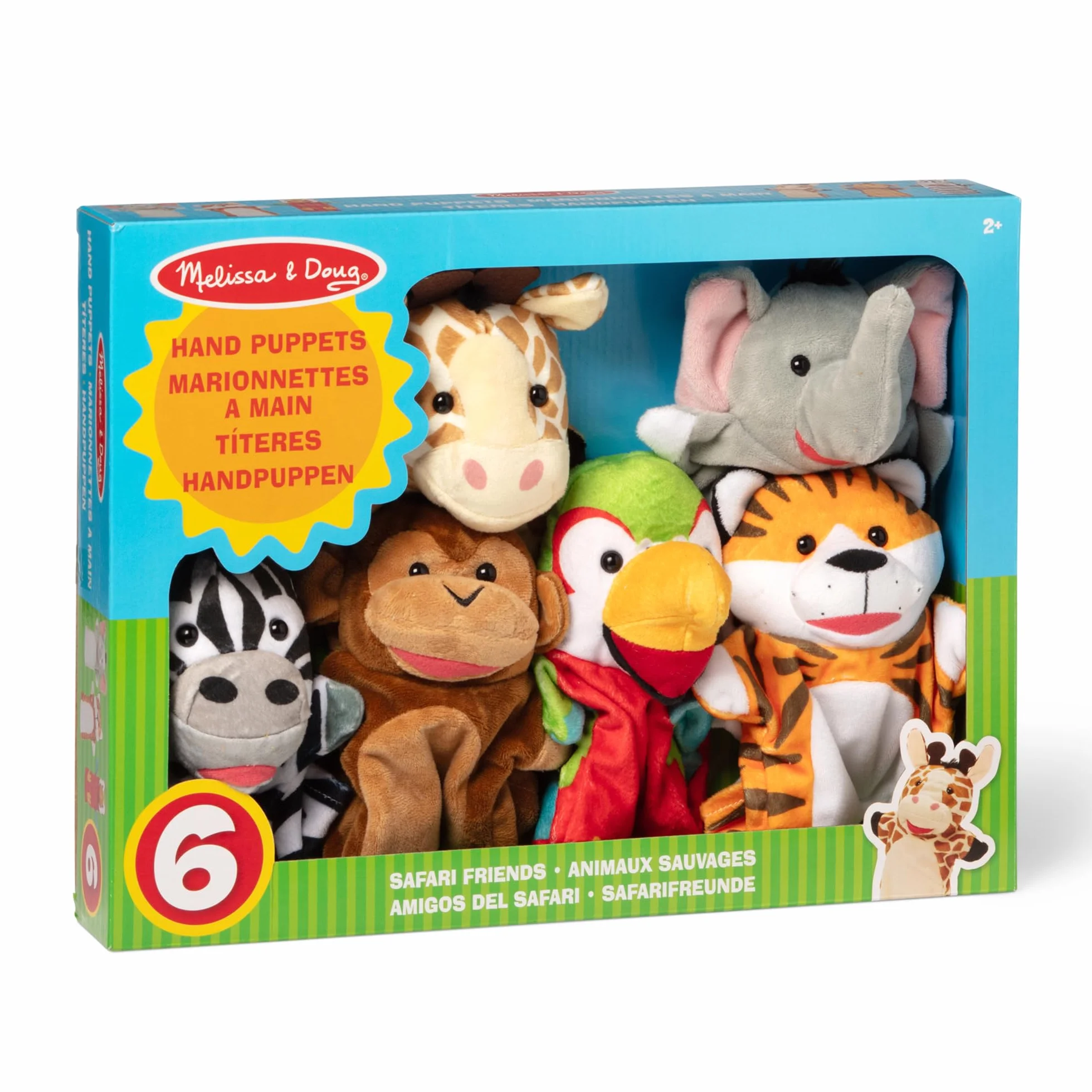 Melissa & Doug Safari Buddies ręczne kukiełki, zestaw 6 szt. (słoń, tygrys, papuga, żyrafa, małpa, zebra) miękkie, pluszowe zwierzę, kukiełki dla małych dzieci i dzieci w wieku od 2 lat