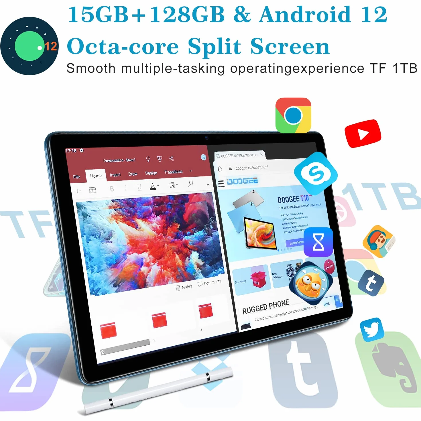 Tablet 10,1 cala, tablet 15 GB RAM 128 GB ROM (1 TB rozszerzany), Android 12 5G + 2,4G WiFi |13 MP + 8 MP | Ekran HD IPS |8300mAh | Bluetooth 5.1| Niebieski długopis dotykowy