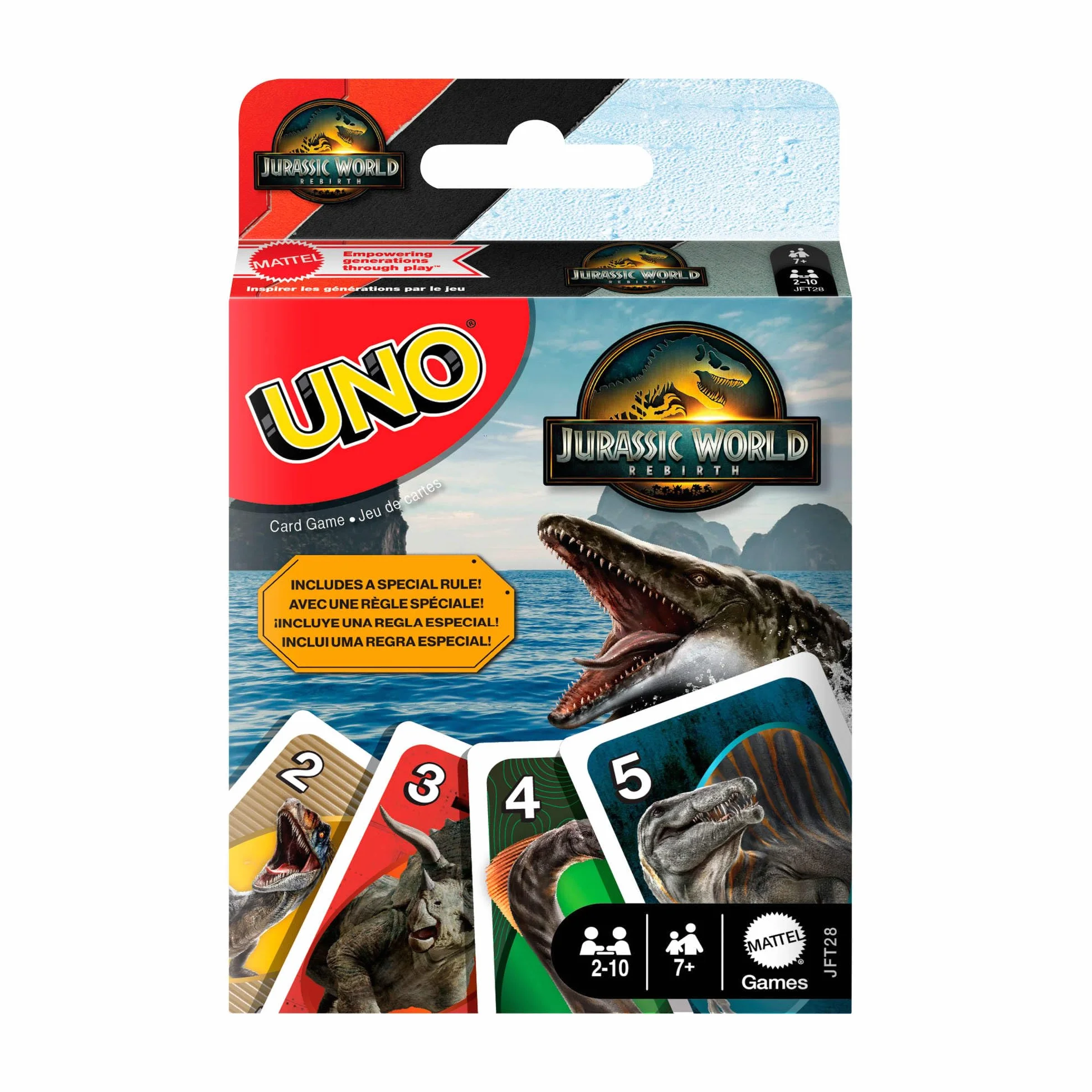 Mattel Games, Karty UNO Jurassic World Odrodzenie Gra karciana dla dzieci, rodzin i dorosłych na wieczór gier, talia z regułą specjalną i grafikami inspirowanymi filmem, JFT28