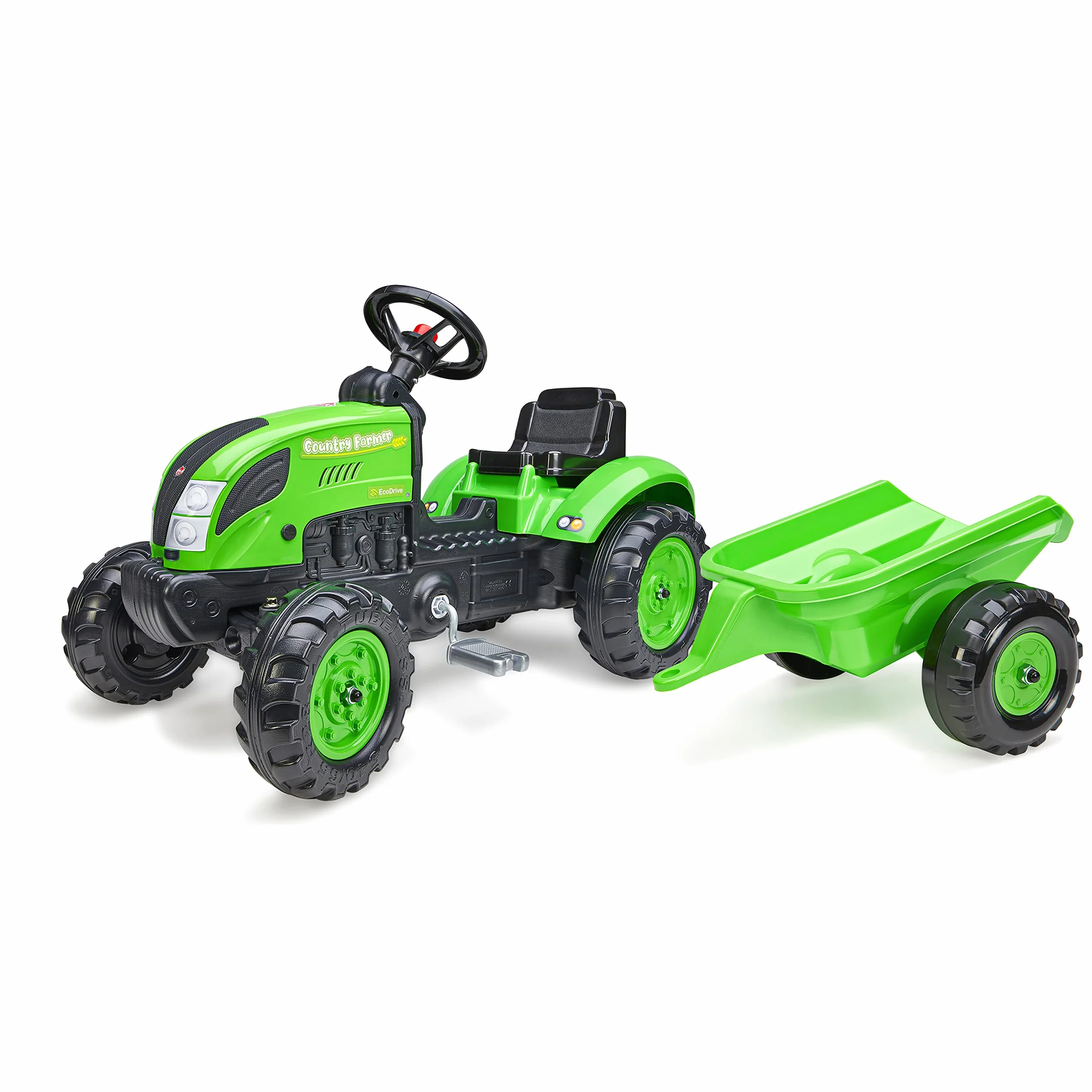 Falk - Traktor na pedały Country Farmer Green z przyczepą - Od 2 lat - Wyprodukowano we Francji - Konfigurowalna tablica rejestracyjna - Kierownica kierunkowa z klaksonem - 2057L
