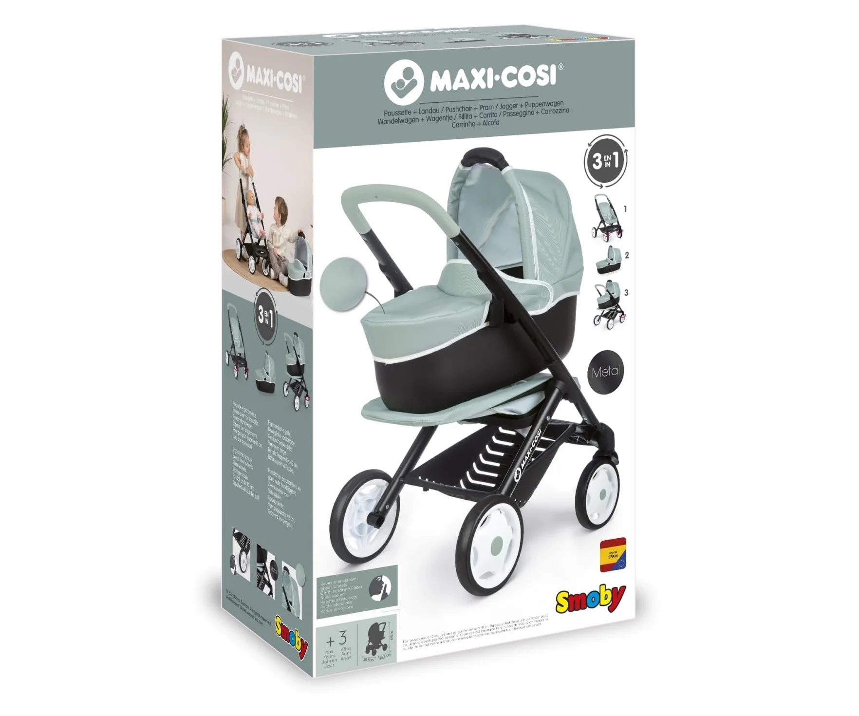 Smoby7600253120 Maxi Cosi & Quinny Wózek głęboki 3w1 dla lalki do 42cm, gondola, spacerówka z koszykiem, wysokość rączki 64 cm