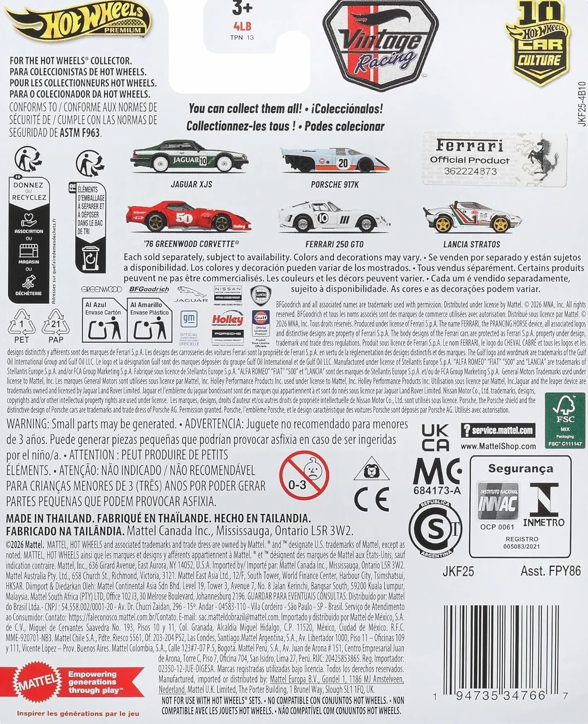 Hot Wheels Premium Car Culture Kultowe auta Samochodzik Ferrari 250 GTO, metalowe auto w skali 1:64, opony Real Riders, metalowa konstrukcja, zabawka dla dzieci 3+ i kolekcjonerów, JKF25