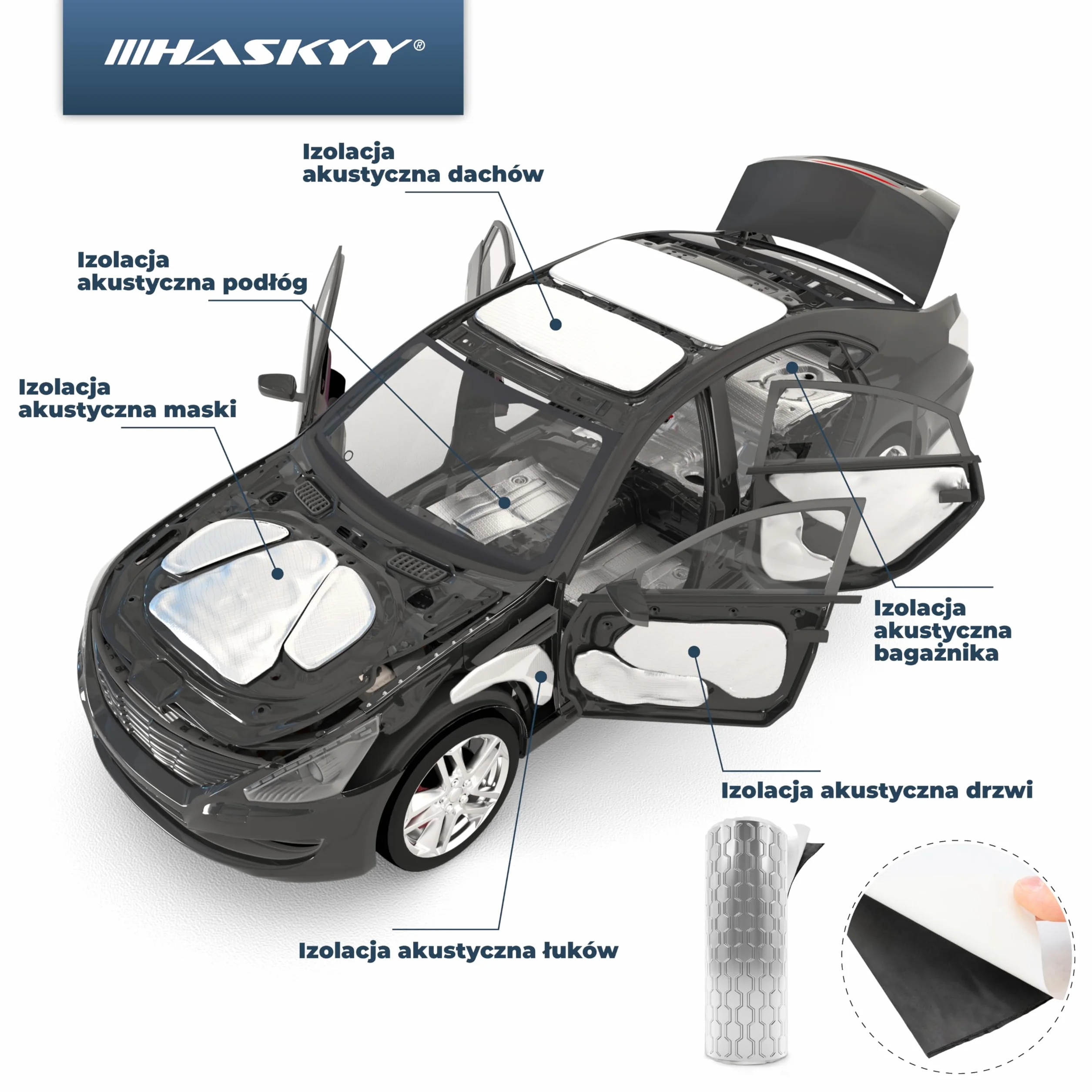 HASKYY Samoprzylepna mata izolacyjna z aluminium, 2 mm, 2 m², izolacja akustyczna i wygłuszająca