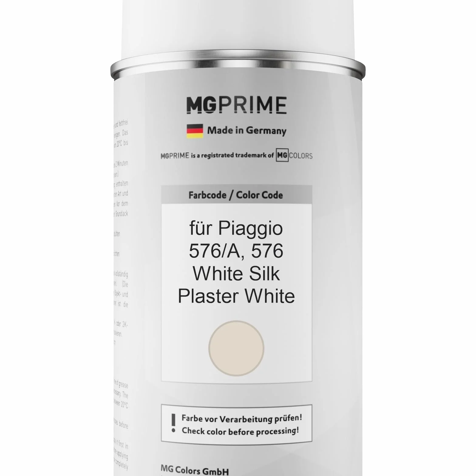 MG PRIME Lakier samochodowy Puszka z aerozolem dla Piaggio 576/A / 576 White Silk/Plaster White Puszka z aerozolem bazowym 400ml