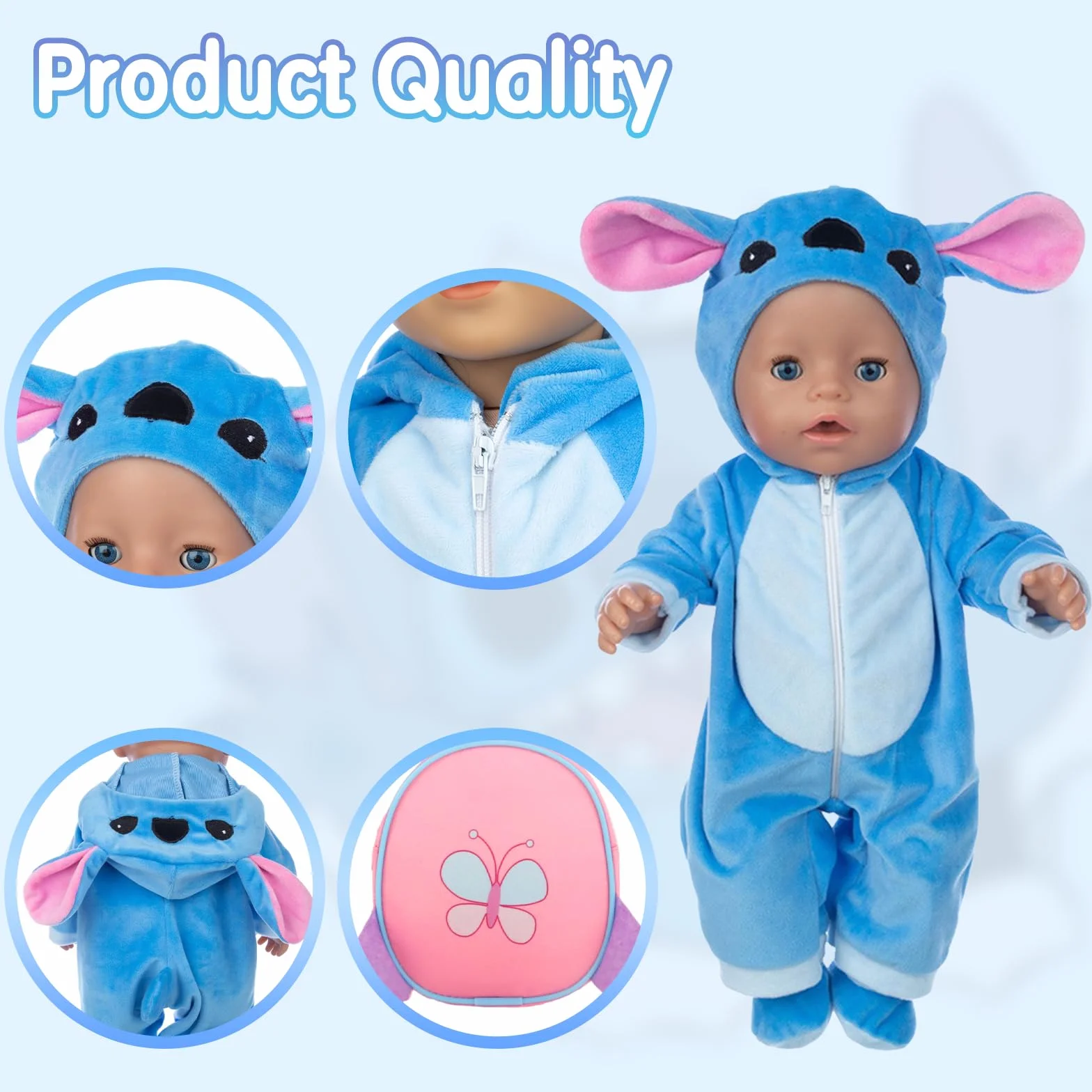 Odzież dla lalek o wymiarach 35-43 cm, w tym skarpetki i plecak, niebieskie stroje, niebieskie ubrania dla lalki New Doll 14-18 cali, prezenty dla chłopców i dziewczynek