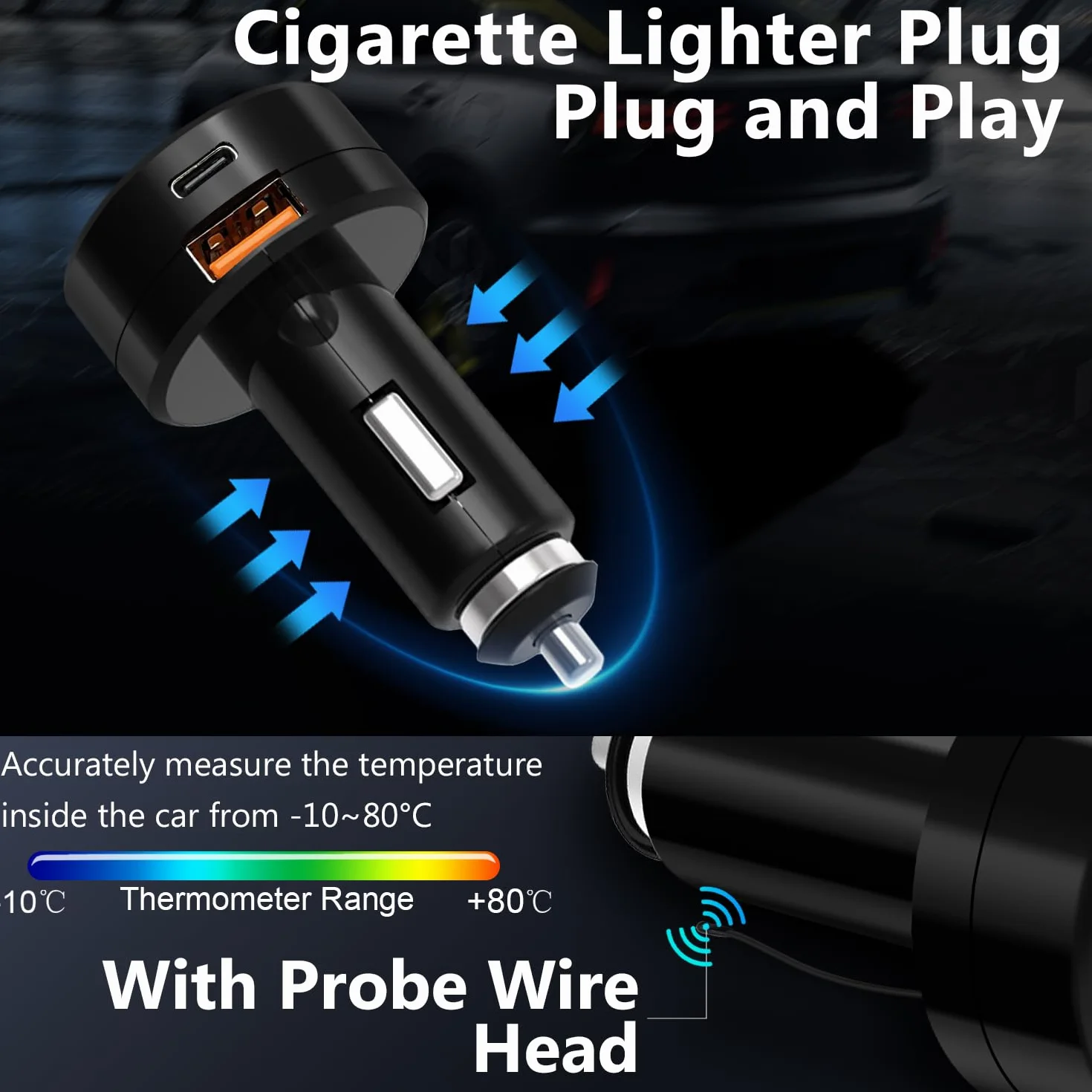 Zapalniczka samochodowa USB QC3.0 PD3.0 woltomierz termometr LCD 12V-24V