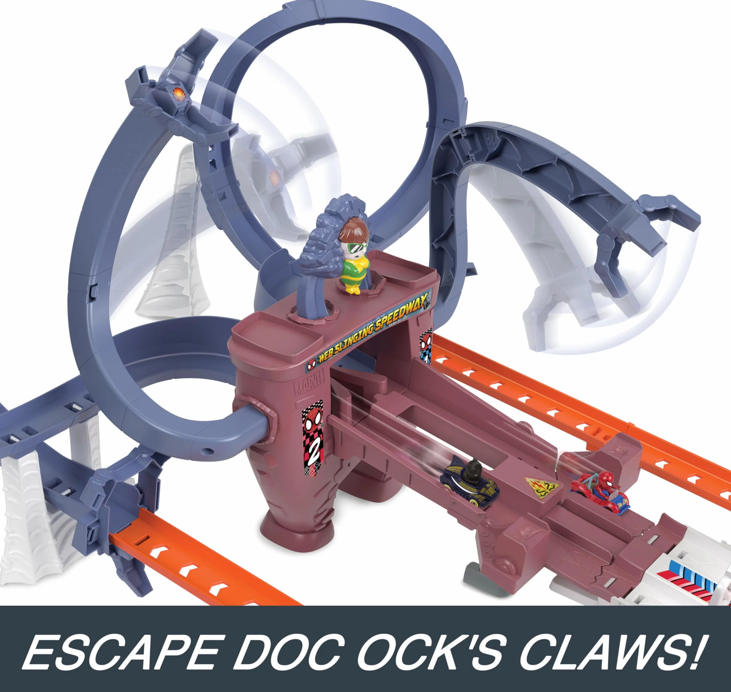 HOT WHEELS RaceVerse Spider-Mans tor wyścigowy z wirówką, 1 x Spider-Gwen i 1 x pojazd Spiderman Die-Cast, szybki start, dla dzieci od 4 lat, HPL34