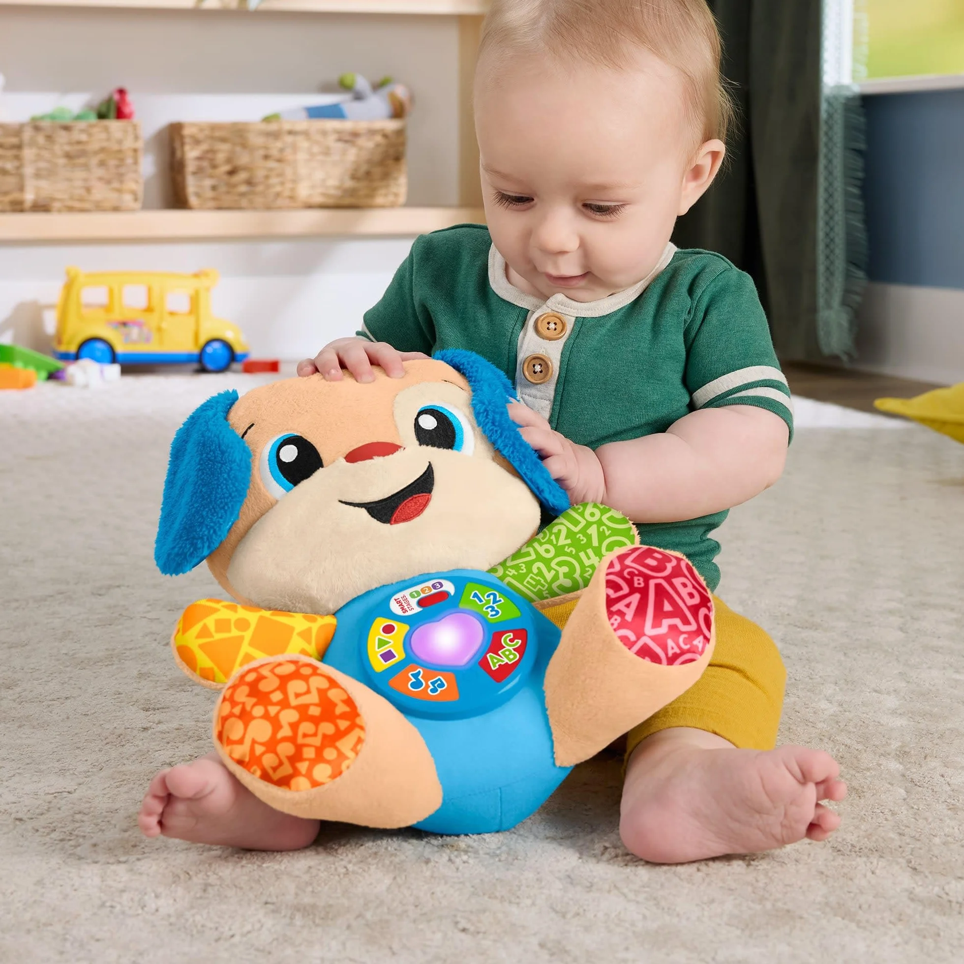 Fisher-Price Śmiech i ucz się zabawki dla niemowląt z muzyką dla małych dzieci Smart Stages dla dzieci w wieku od 6 miesięcy, wielojęzyczny: włoski, hiszpański, portugalski, angielski, JFD26