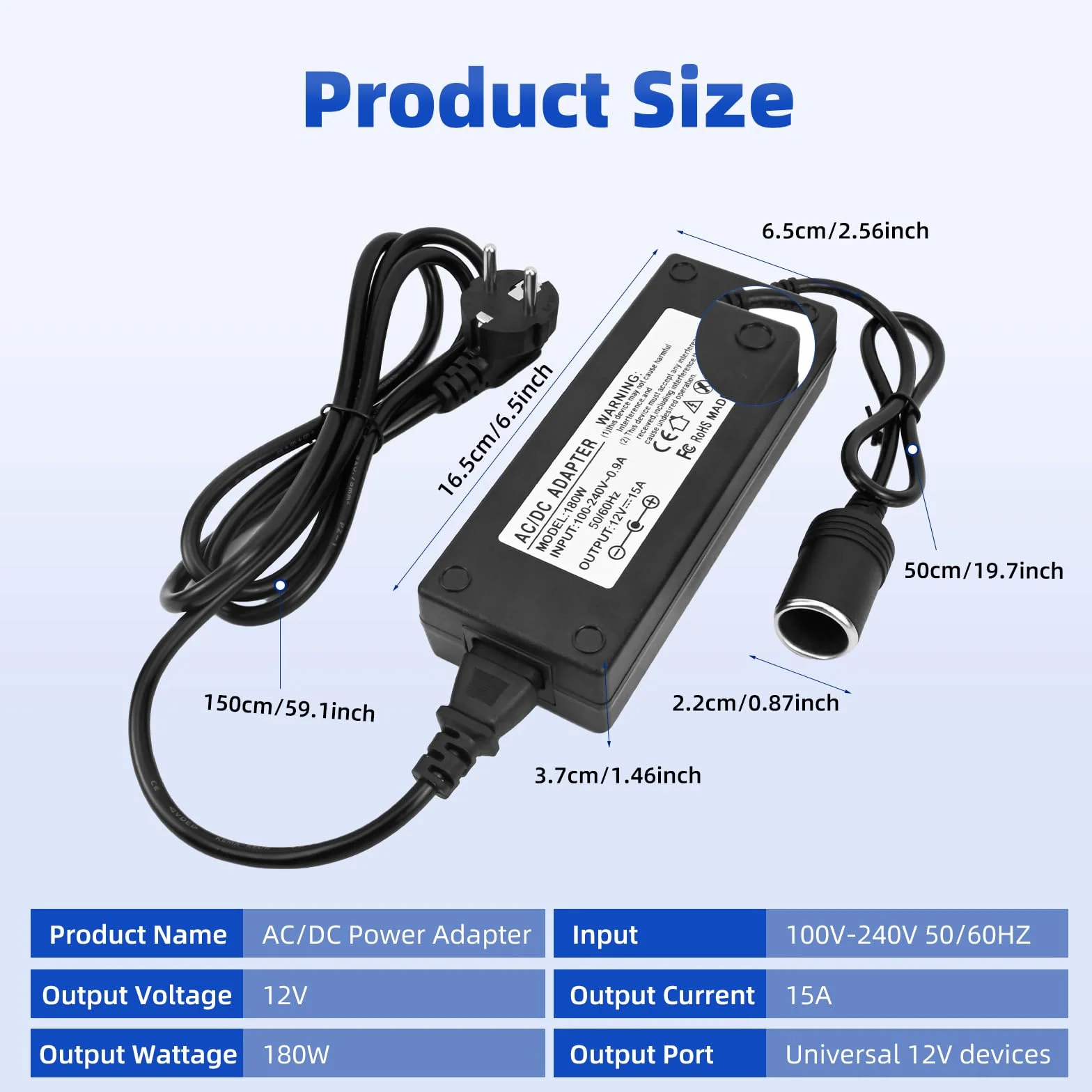 Przetwornica napięcia 230 V na 12 V 180 W 15 A adapter samochodowy do gniazda zapalniczki AC na DC