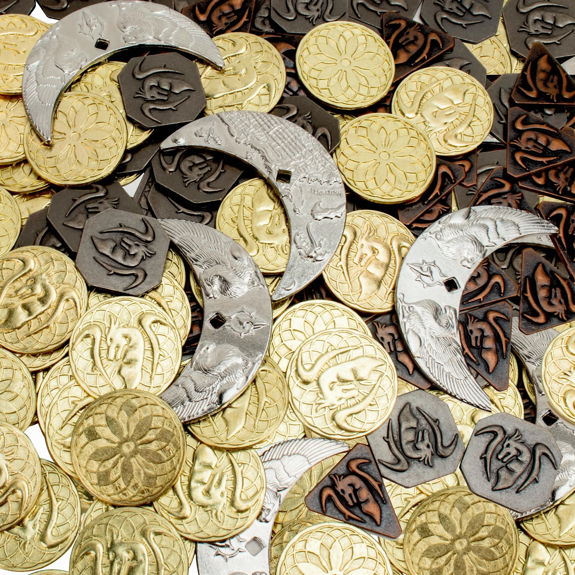 Byhoo 145 sztuk DND Metal i skórzana torba, zawiera 60 złotych monet, 40 sztuk srebrnych, 40 sztuk miedzianych i 5 sztuk platynowych, żetonów do gier ze skórzaną torbą, która świeci w nocy