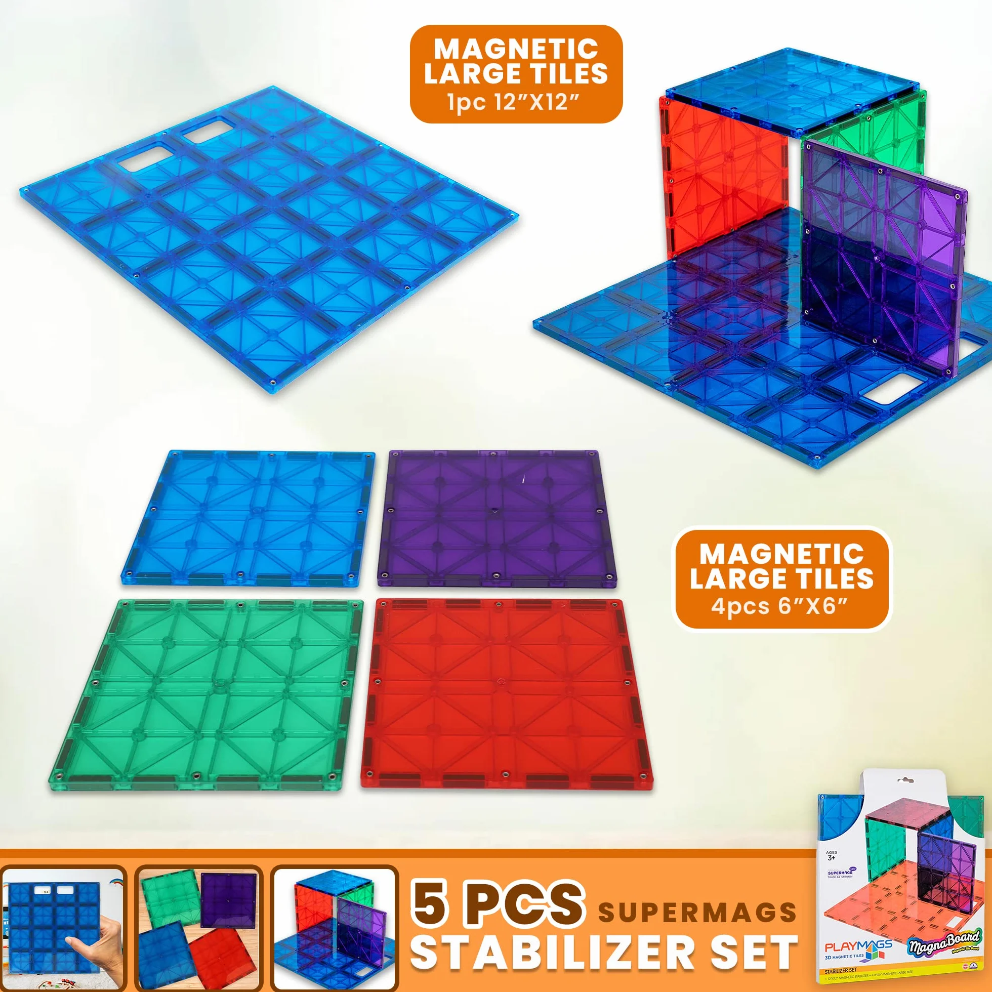 Playmags: Super Durable budynku Stabilizer Set, Wielka dodać do wszystkich zestawów Magnet kafelki, współpracuje ze wszystkimi wiodącymi markami 1-12 „x12” i 4-6 „x 6” (kolory mogą się zmieniać)