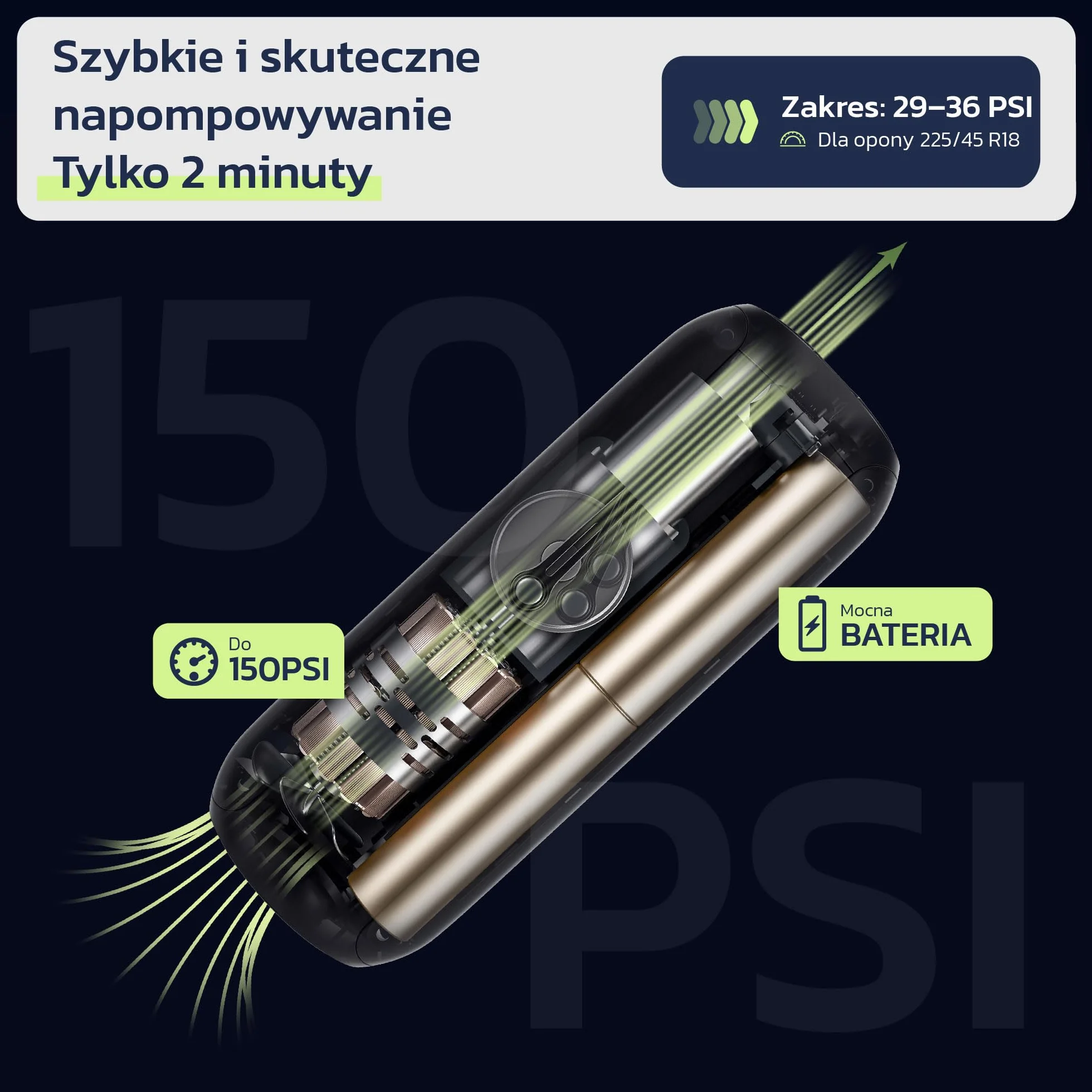 Woowind LP1 Przenośna Sprężarka Powietrza 150 PSI/10.3 BAR, Automatyczne Wyłączanie, Ładowanie USB, LED do Samochodów, Motocykli, Rowerów, Piłek, Adaptery Presta/Schrader