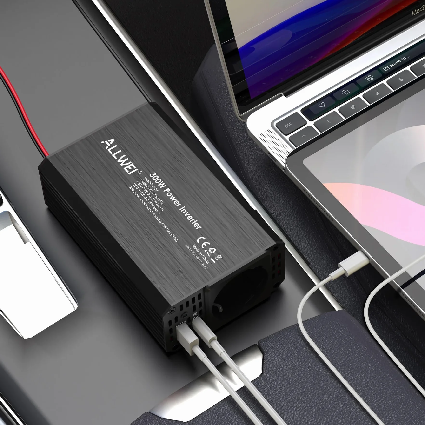 ALLWEI Przetwornica napięcia 300 W, 12 V na 230 V, przetwornica napięcia z przyłączem typu C i USB, inwerter 12 V 220 V, gniazdo samochodowe do samochodu, ładowania telefonów komórkowych, laptopów i