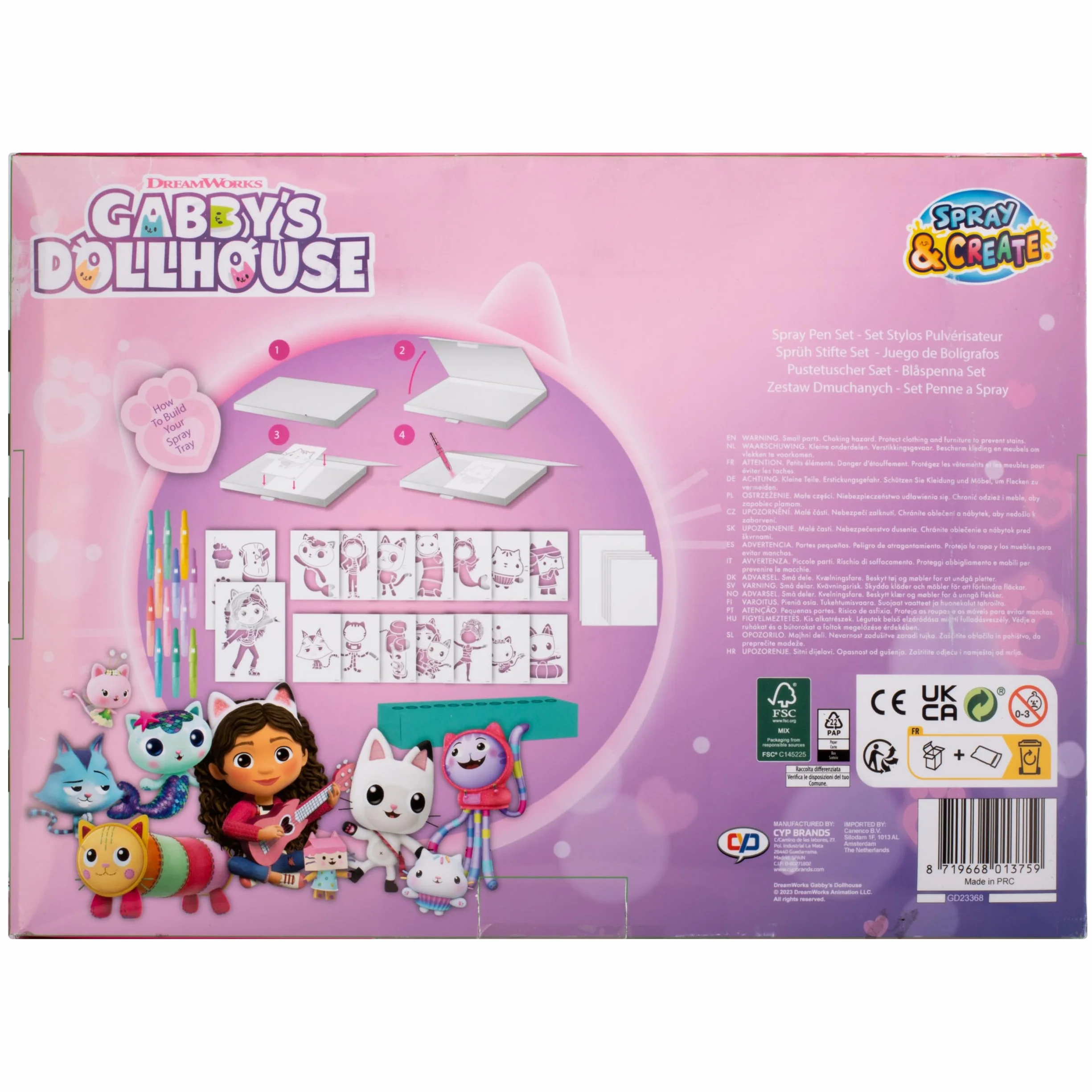 Gabby's Dollhouse - Zestaw pisaków w sprayu – kredki dla dzieci – zestaw do malowania z kolorowymi kredkami i szablonami do malowania, 1 stück (1er Pack), GD23368, wielokolorowa
