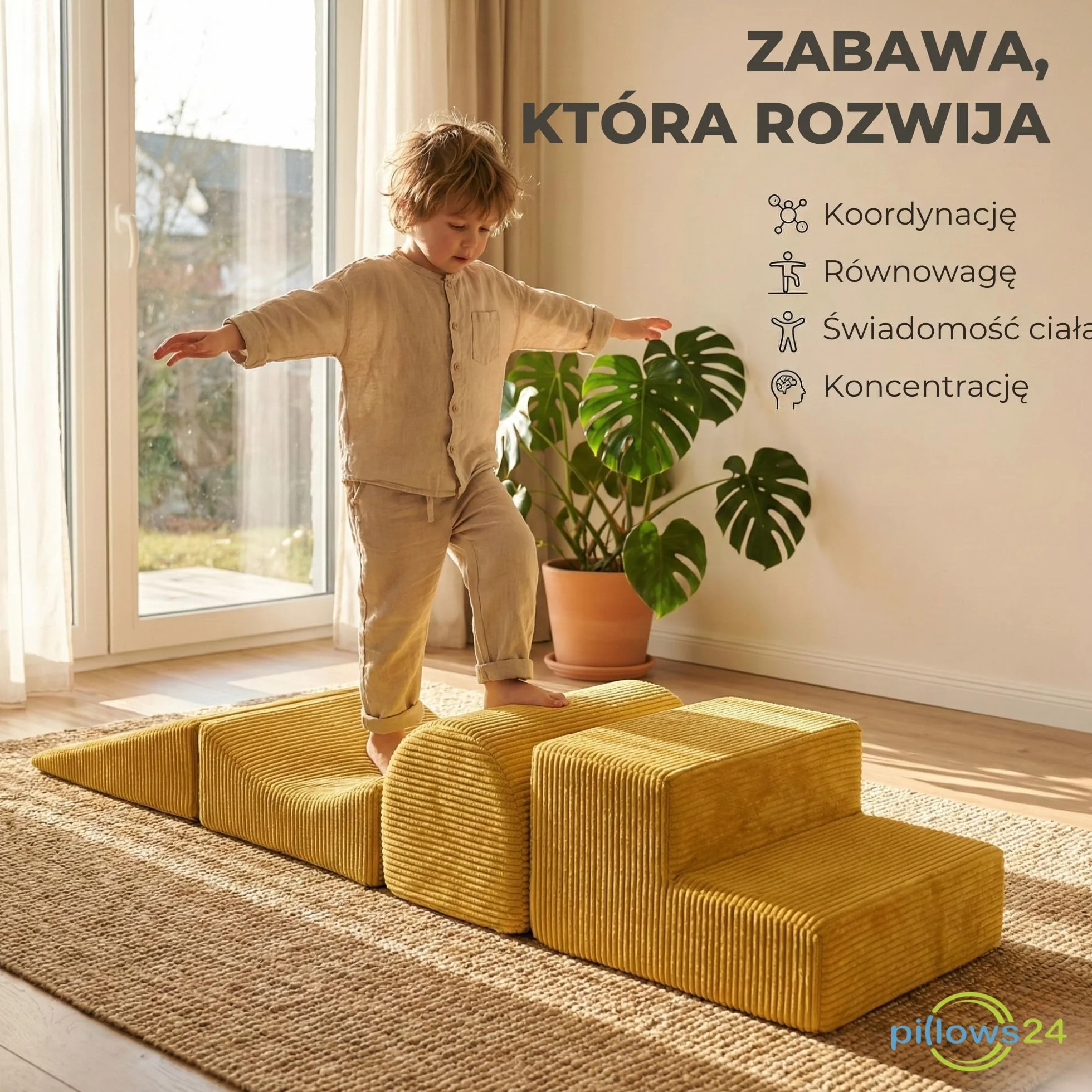 Piankowe klocki dla dzieci | 4-elementowy zestaw miękkich klocków do zabawy i wspinania | Duże piankowe klocki XXL wspierające motorykę i ruch | Tor przeszkód sztruks Różowy