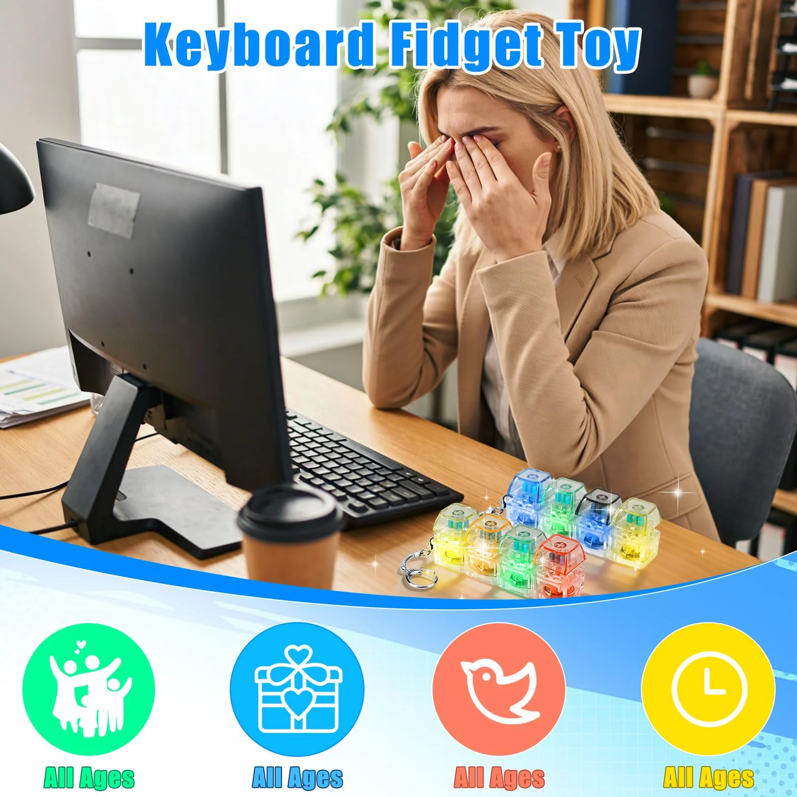 4 sztuki zabawek fidget z klawiaturą, breloczki do kluczy, z 4 przyciskami, zabawna kolorowa zabawka do strachu, biura, szkoły i podróży