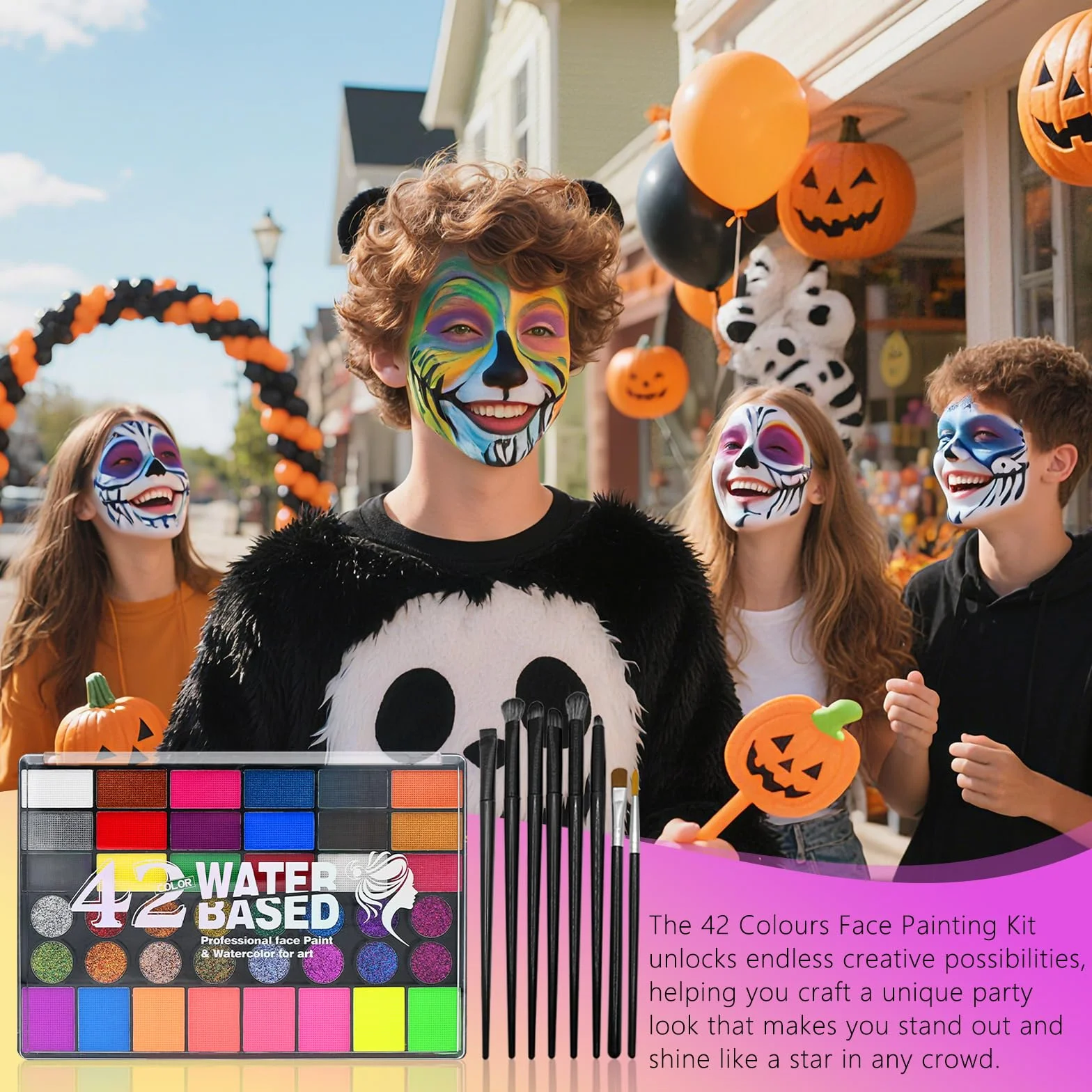 Zestaw do makijażu dla dzieci, 42 kolory, farby do twarzy dla dzieci z 8 pędzlami, nietoksyczne, nadają się do prania, matowe i brokatowe, na Halloween, Wielkanoc, karnawał, imprezy tematyczne