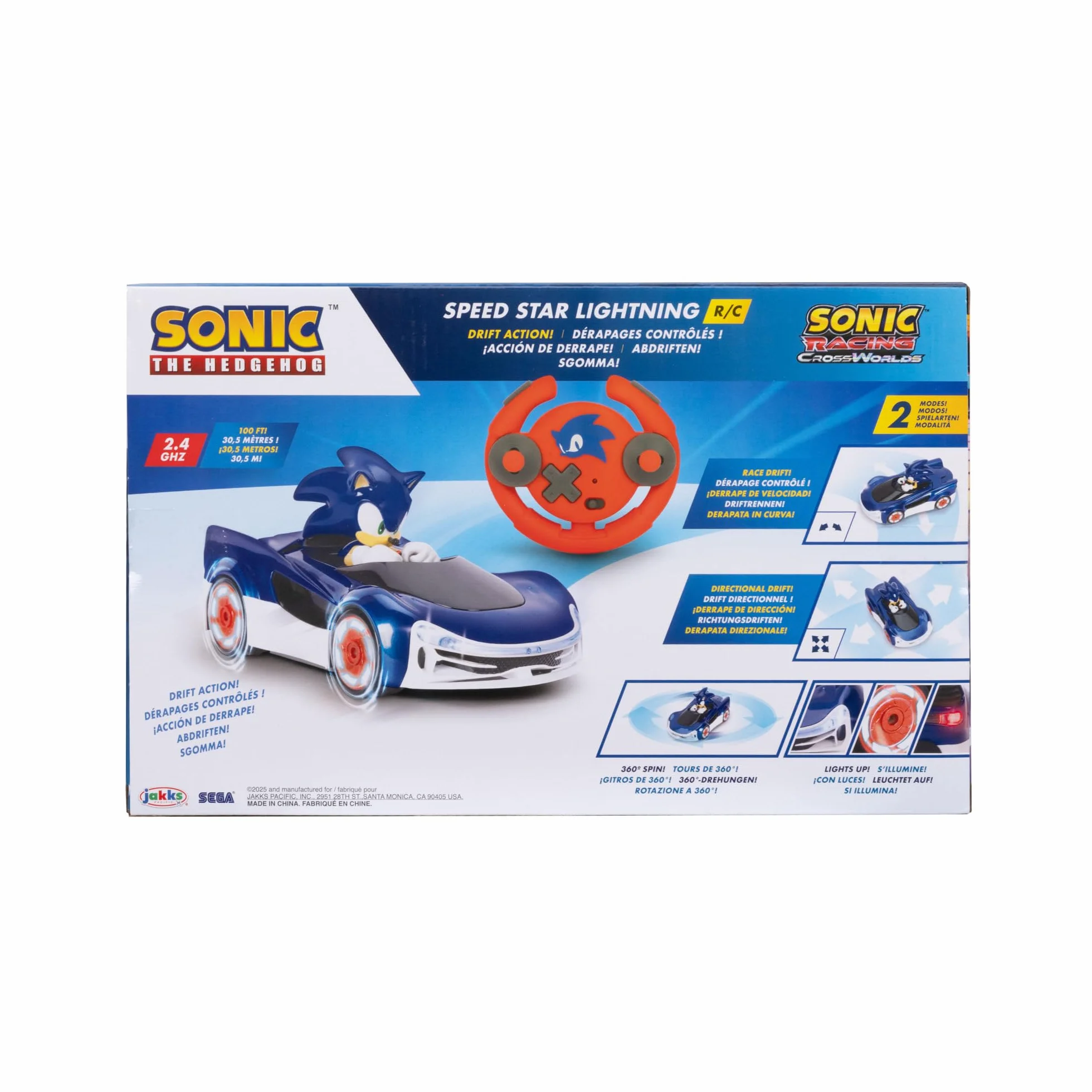 Sonic the Hedgehog Speed Star Lightning Drifting RC Oficjalnie licencjonowany przez Jakks Pacific - Zdalnie sterowane samochody z podświetlanymi kołami, gra interaktywna z czerwonym pilotem na baterie