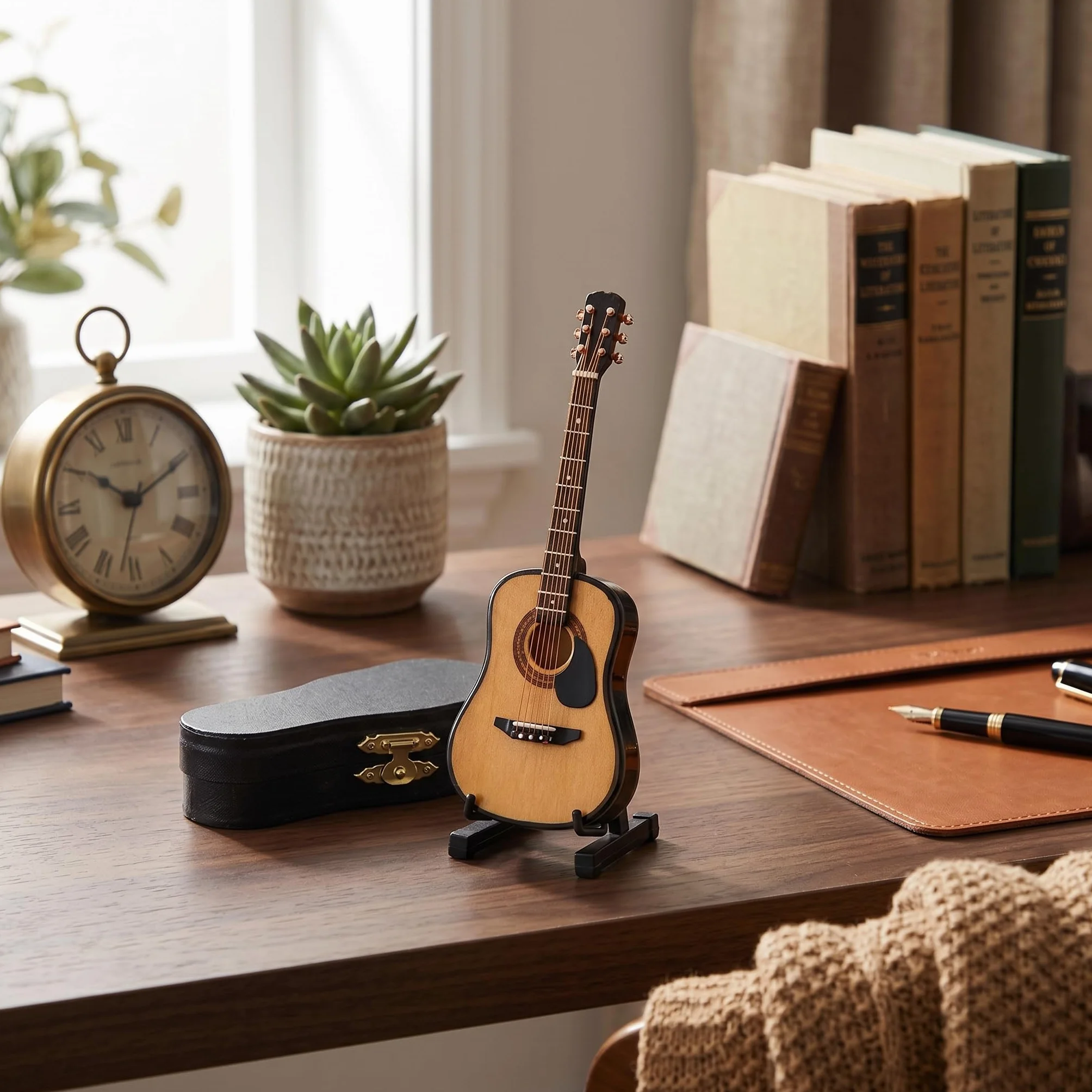 HEEPDD Miniaturowy model gitary, drewniana ozdoba gitarowa ze stojakiem do dekoracji domowego biura świąteczne prezenty urodzinowe 10 cm dla miłośników muzyki kolekcjonerzy gitar entuzjaści dekoracji