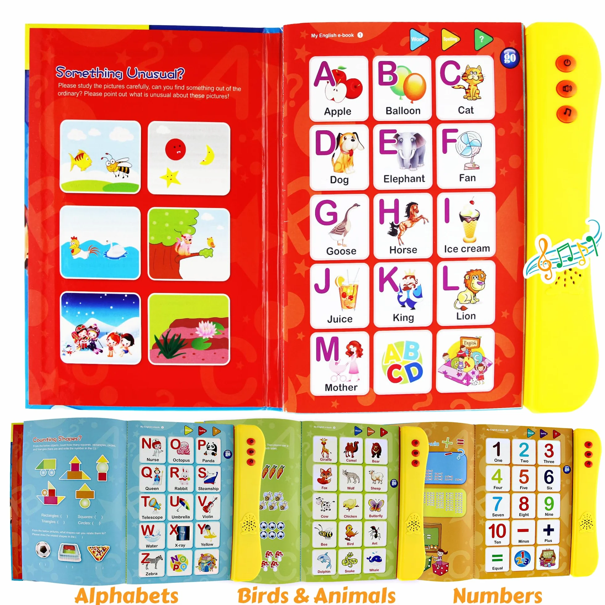 Boxiki kids ABC książka dźwiękowa dla dzieci/angielskich liter i słów, zabawna zabawka edukacyjna do nauki liter, słów, cyfr, kształtów, kolorów i zwierząt dla małych dzieci