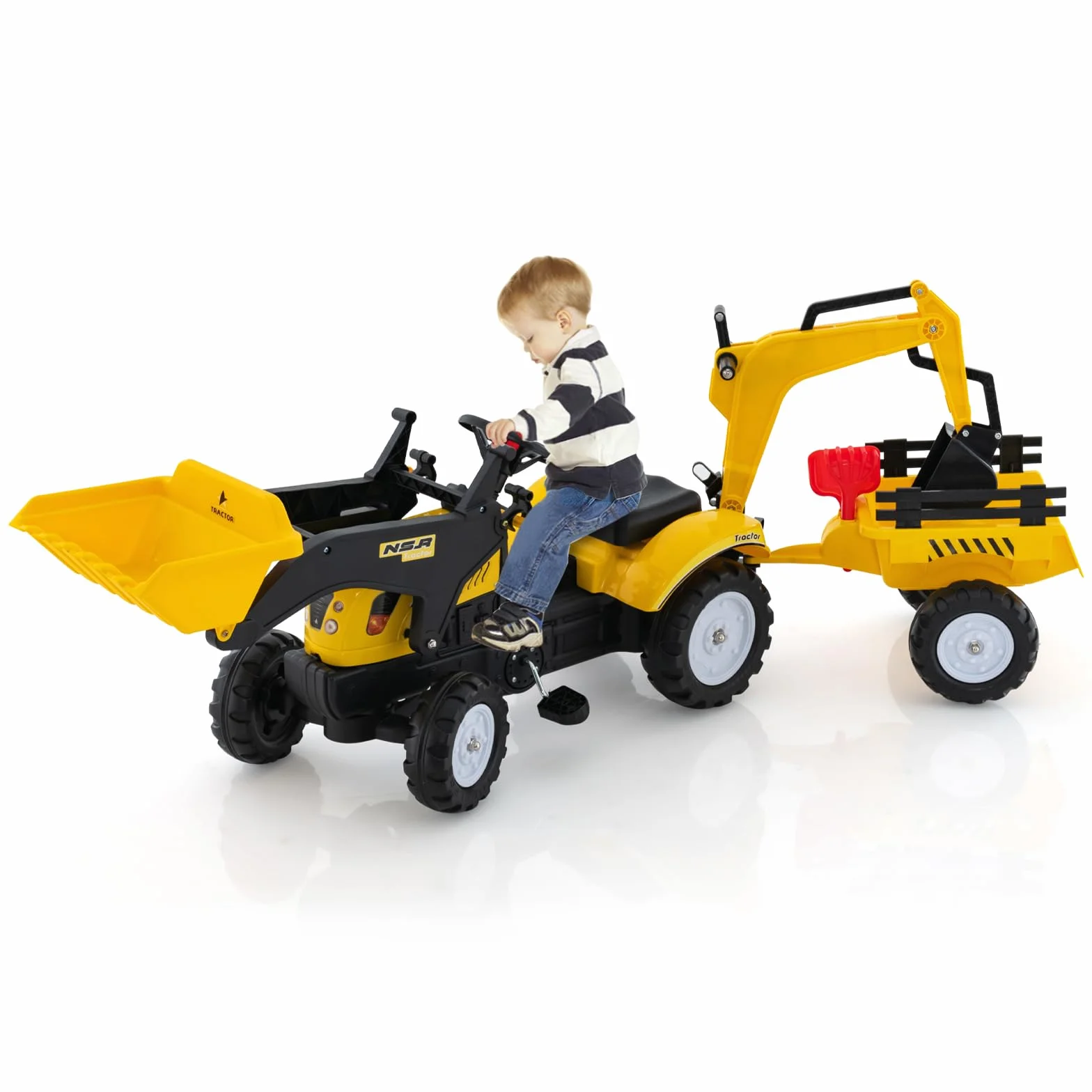 COSTWAY Traktor na pedały, dla dzieci ze zdejmowaną przyczepą i szuflą do grobu, koparko-ładowarka, obciążenie do 35 kg, koparka do siedzenia dla dzieci w wieku 3-6 lat (żółty)