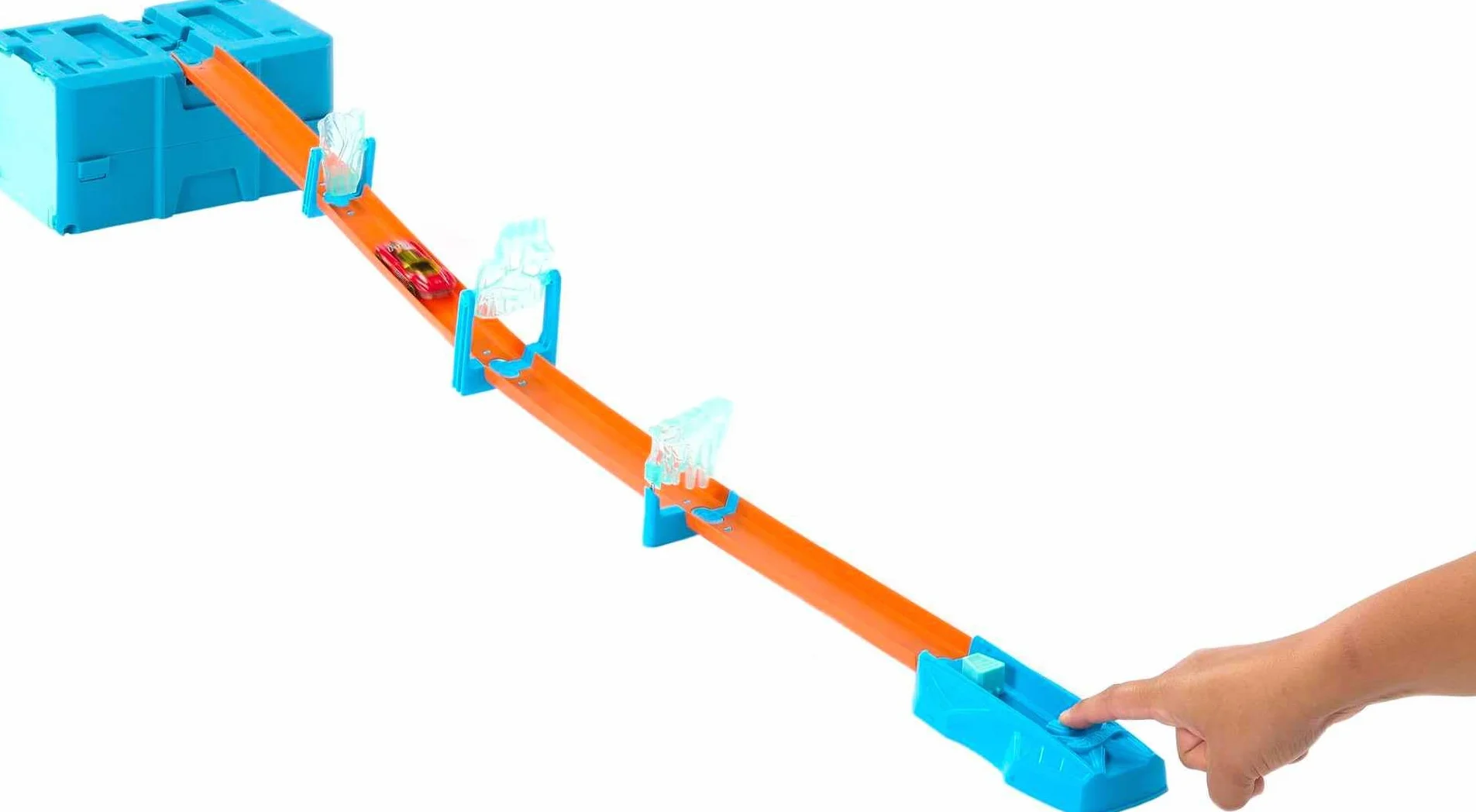 Hot Wheels Track Builder Lodowy tor Zestaw z 1 pojazdem Hot Wheels, motywem lodu, 10 elementami toru i w modułowym pudełku. HKX40