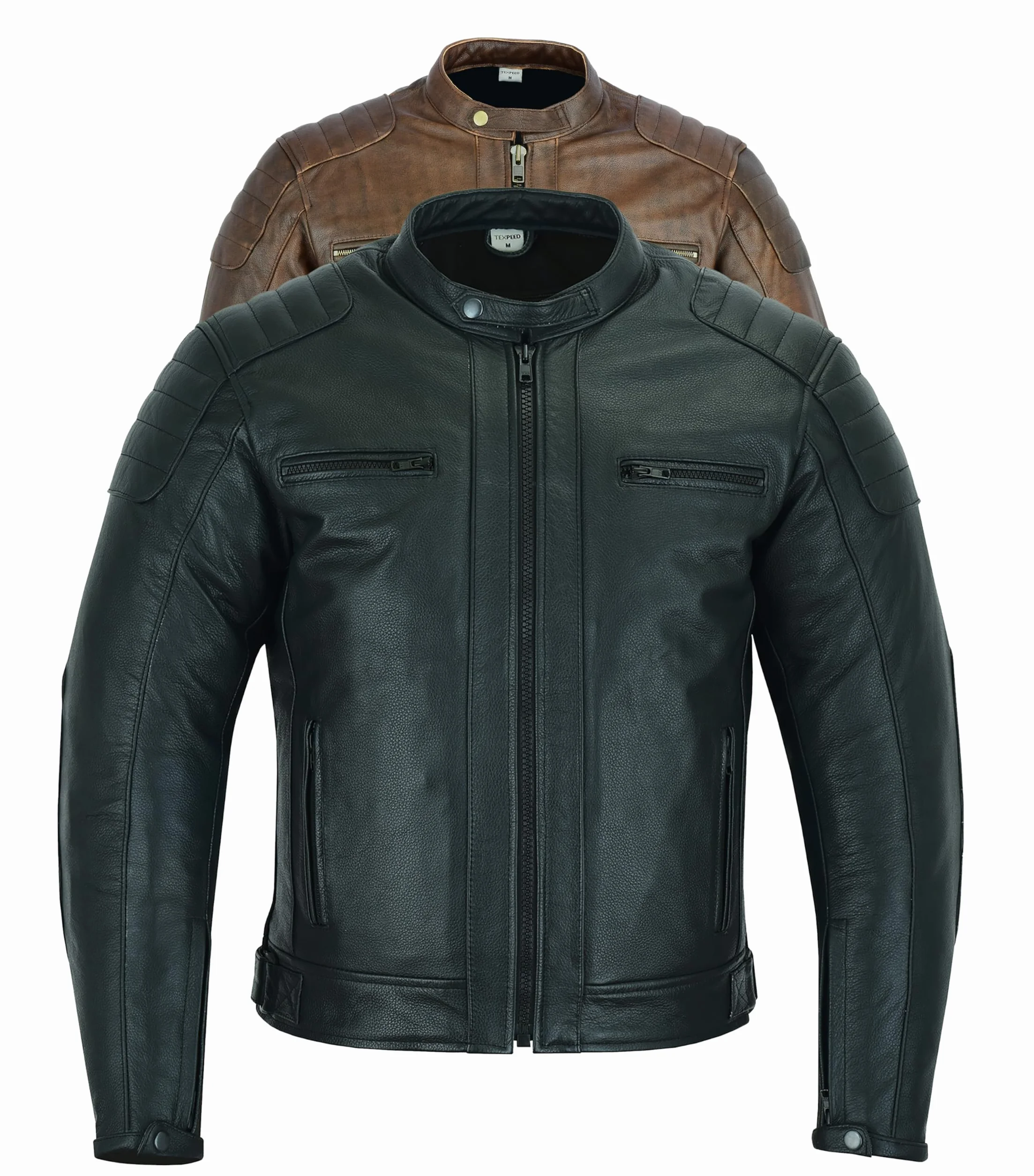 Kurtka motocyklowa męska skóra z pancerzem - Z prawdziwą ochroną CE Armor rowerzysta (EN 1621-1) - 4 sezony/zimowa/Lato - Texpeed - Czarny - L