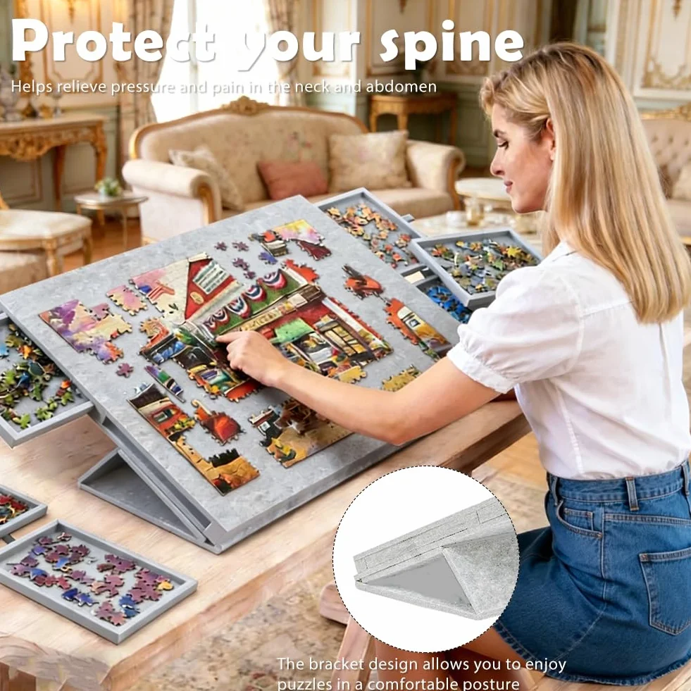 Odchylana deska do puzzli 2 w 1 ze stojakiem i pokrywą, lekka filcowa deska do puzzli z 6 szufladami dla dorosłych, przenośny filcowy stół do puzzli, do 1000 elementów, akcesoria do puzzli