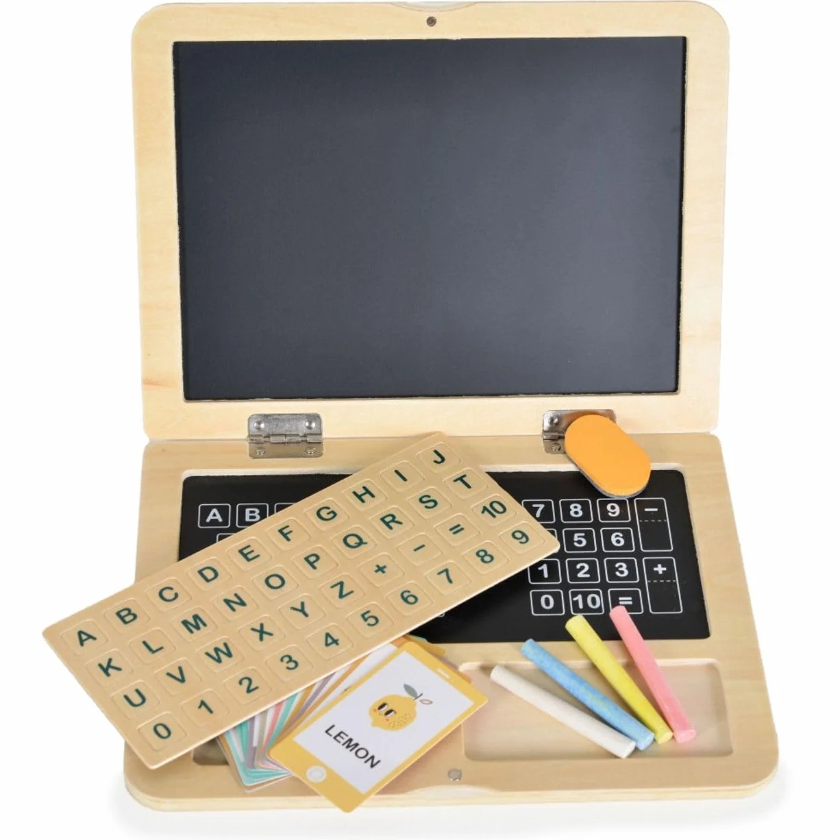 Tooky Toy drewniany laptop dla dzieci TH819, litery magnetyczne, kreda, kolory: beżowy