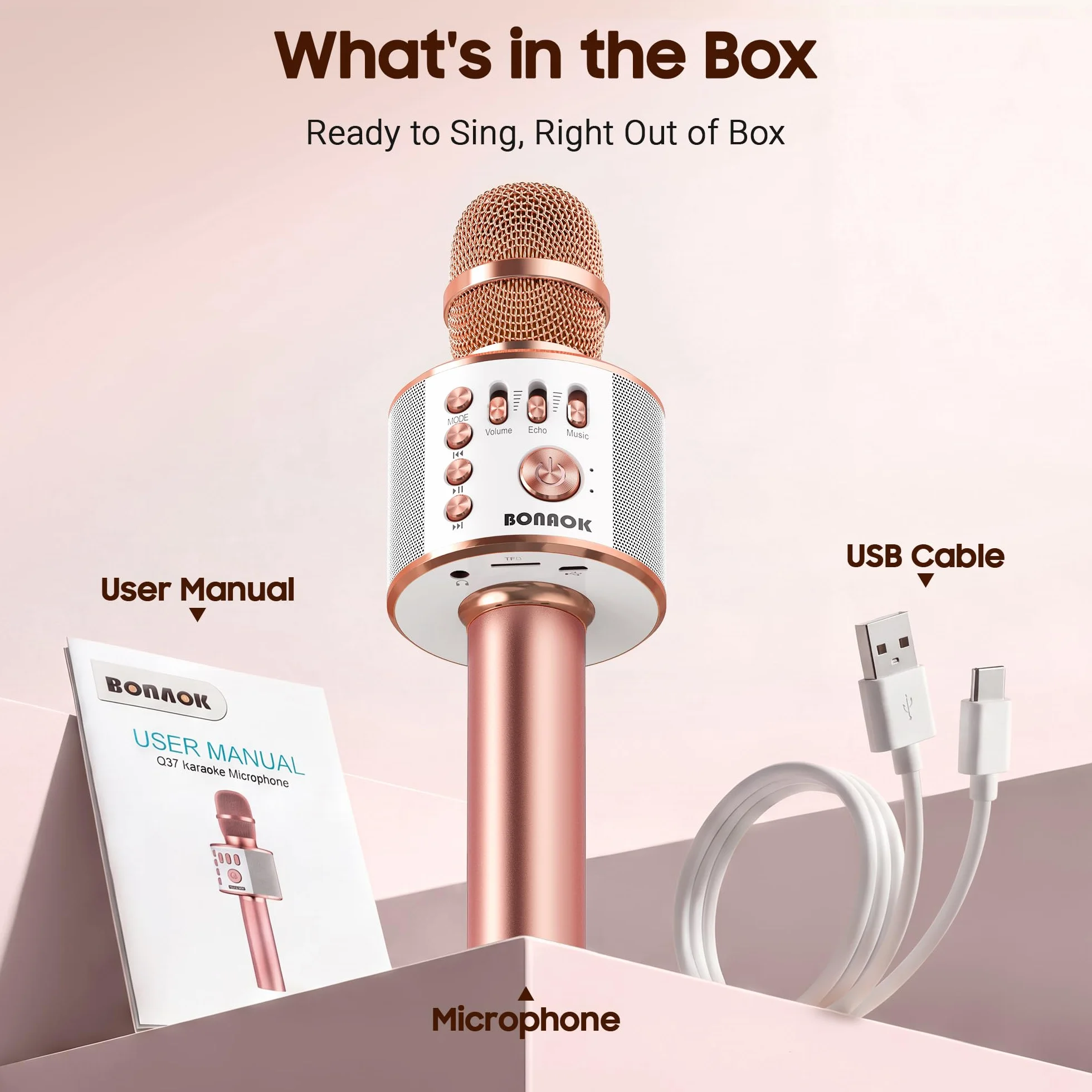 Bluetooth Karaoke Mikrofon Kinder, BONAOK Drahtlose Dynamisches Mikrofon mit Lautsprecher, Familie Party Podcast Auto Bluetooth Mikrofon Kabellos, Kompatibel mit Android/IOS(Rose Gold)