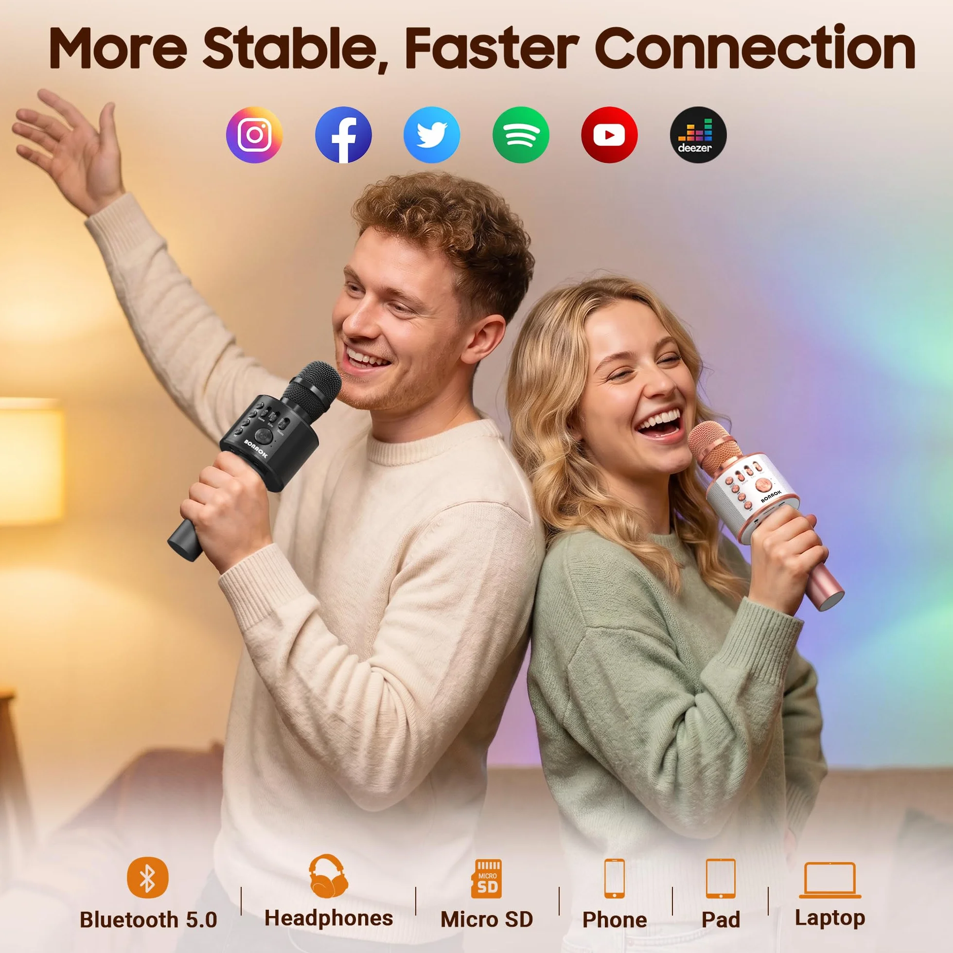 Bluetooth Karaoke Mikrofon Kinder, BONAOK Drahtlose Dynamisches Mikrofon mit Lautsprecher, Familie Party Podcast Auto Bluetooth Mikrofon Kabellos, Kompatibel mit Android/IOS(Rose Gold)