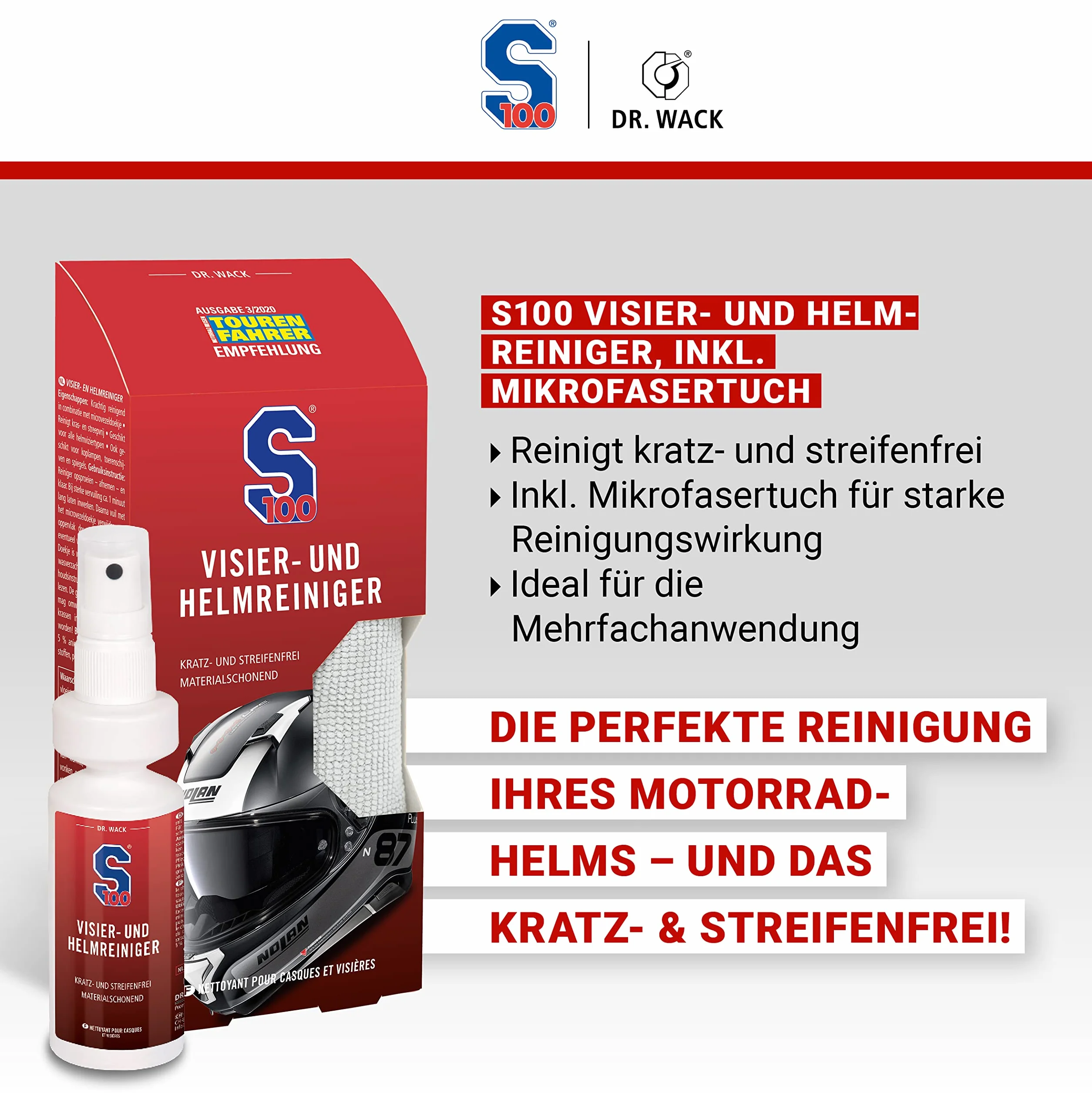 Dr. Wack S100 środek do czyszczenia wizjera i kasku 100 ml z mikrofibry