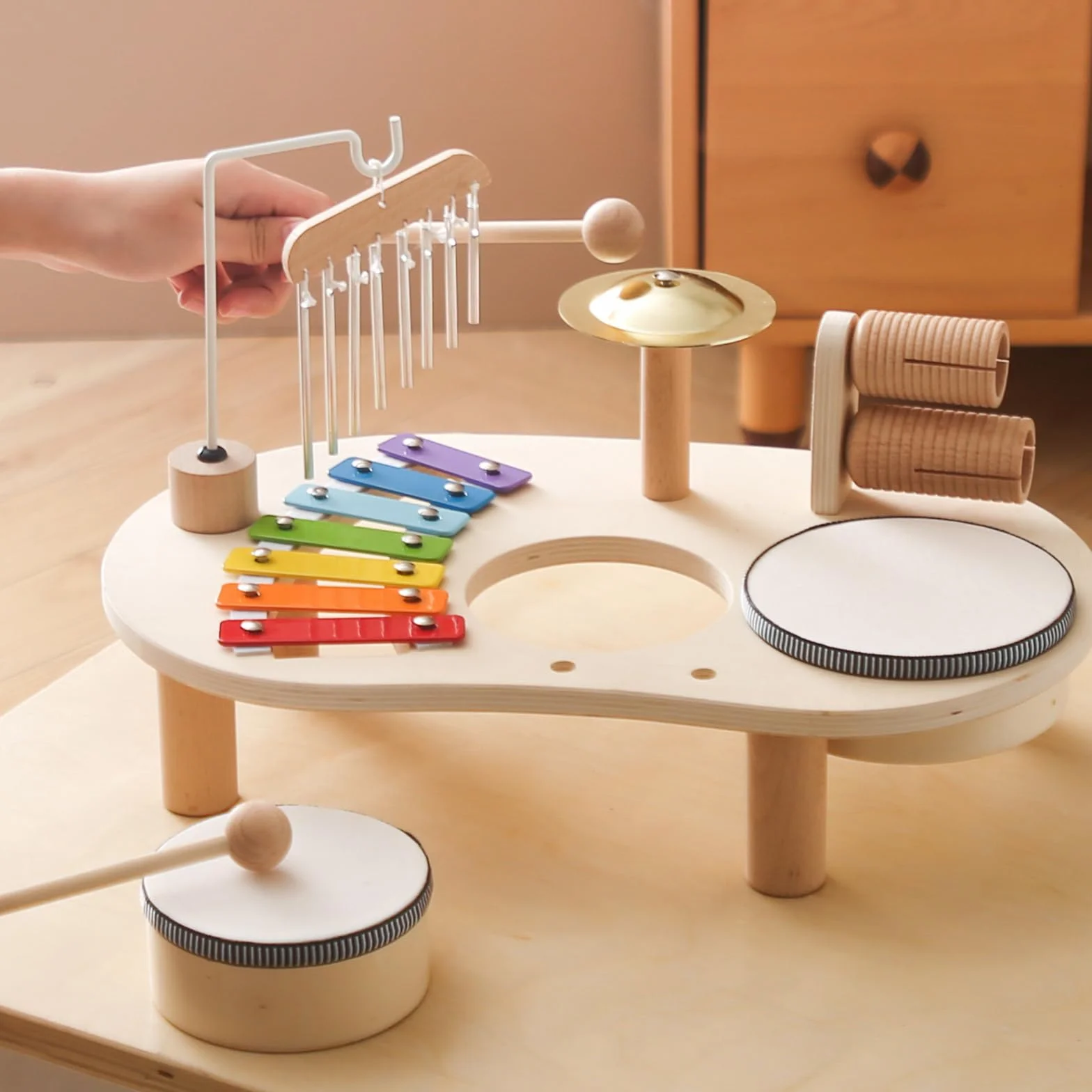 Montessori zestaw perkusyjny dla dzieci, z drewna, 7 w 1, zabawka edukacyjna, perkusja z ksylofonem, zestaw bębnów dla dzieci