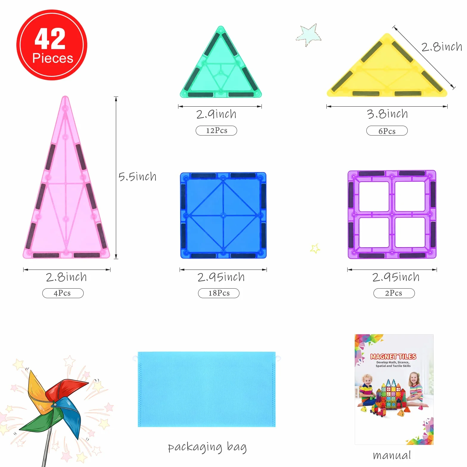 Katiago Montessori magnetyczne klocki, 42 sztuki, dla dzieci od 3+ lat, silny magnes, zabawka dla dzieci, idealna zabawka edukacyjna STEM, wspierająca kreatywność dla chłopców i dziewczynek (42 szt.)