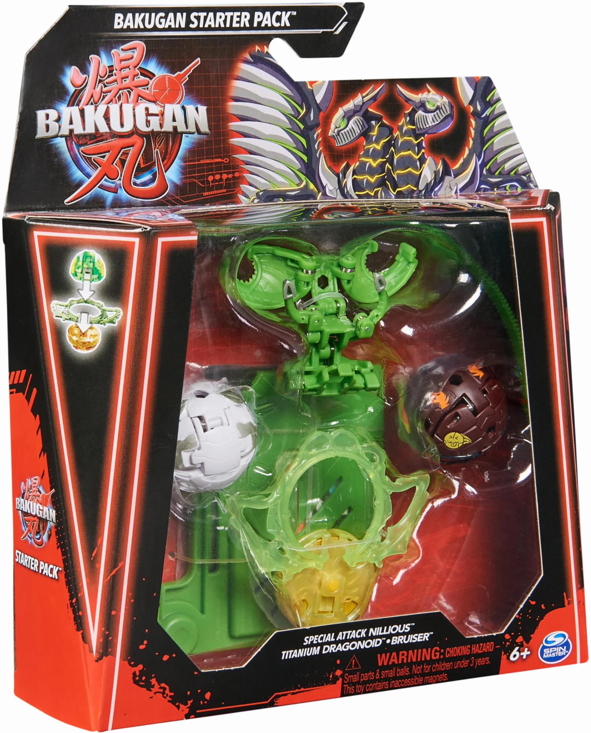 BAKUGAN Starter 3-pak, Special Attack Nillious, Titanium Dragonoid, Bruiser, indywidualizowana figurka akcji, karty kolekcjonerskie, zabawka dla dzieci dla chłopców i dziewczynek