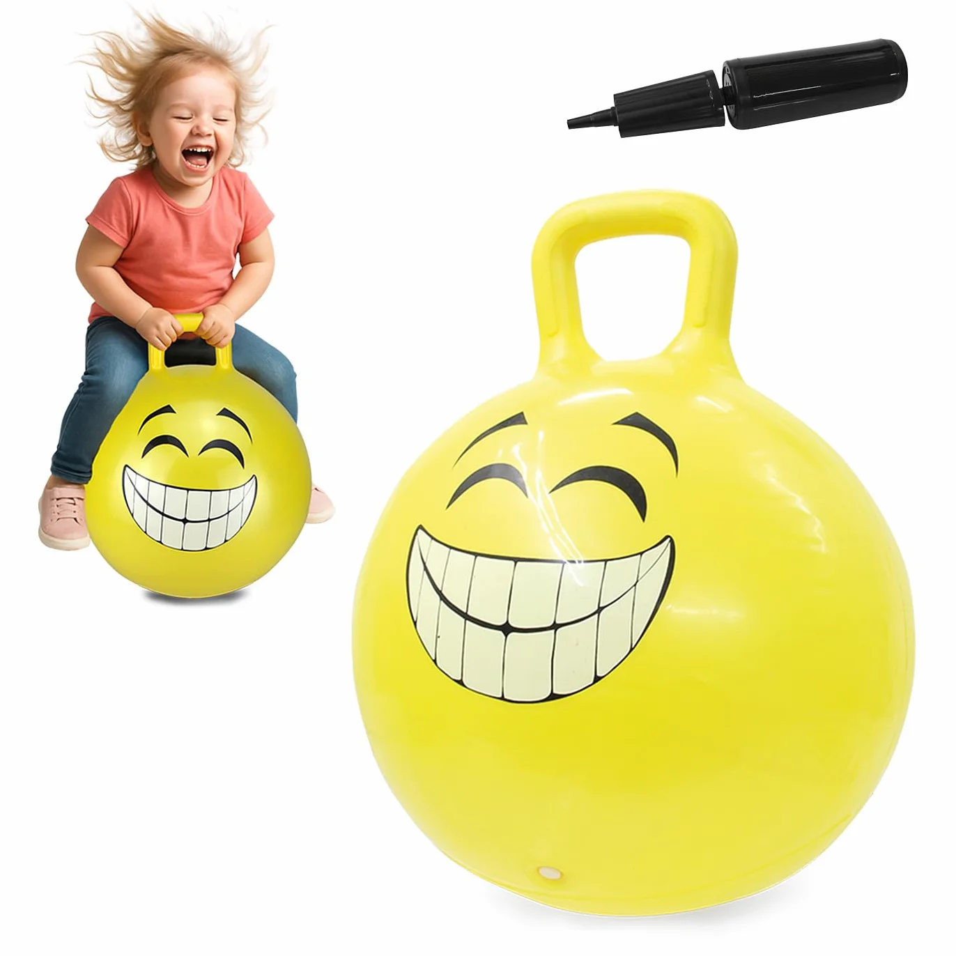 Jamara 460457 piłka do skakania Smile żółta, 450 mm – do 50 kg, wspomaga zmysł równowagi i motoryczne, wytrzymała i łatwa w utrzymaniu