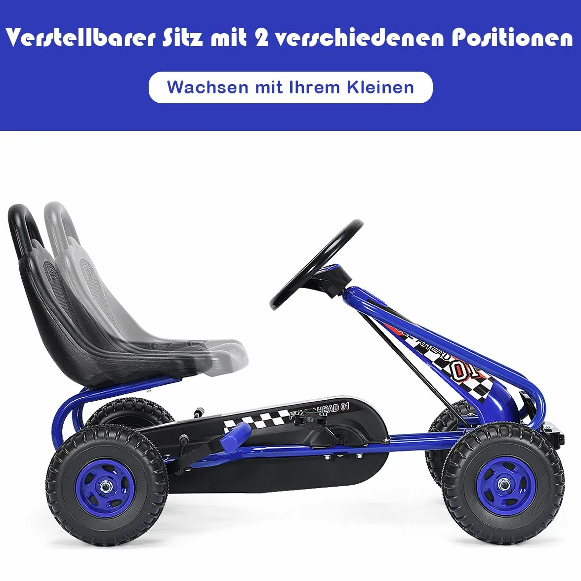 COSTWAY Gokart z regulowanym siedziskiem, Go Cart z hamulcem ręcznym, samochód na pedały, obciążenie do 30 kg, pedały, pojazd pedałowy, pojazd dla dzieci w wieku 3-6 lat (niebieski)