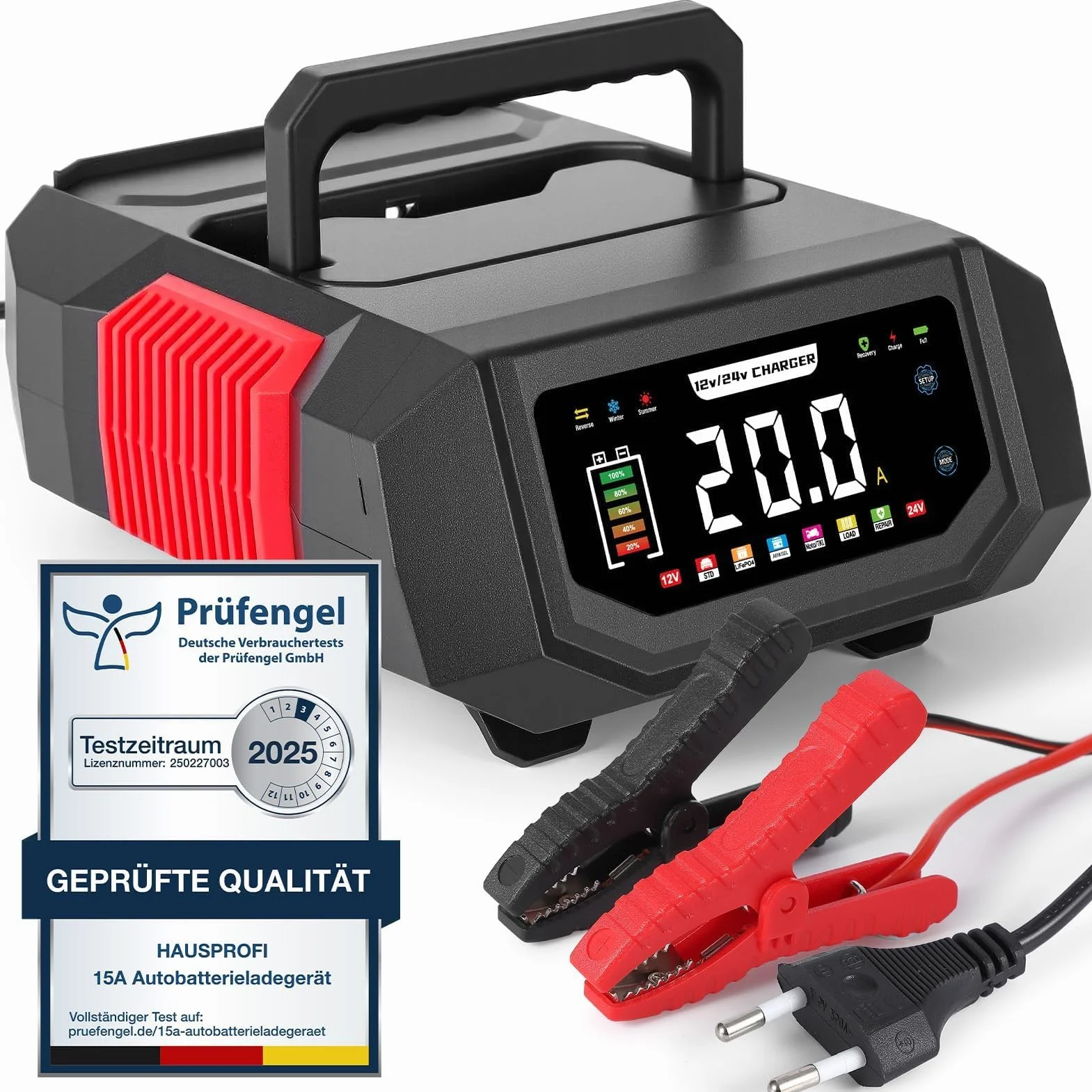 Ładowarka do akumulatora samochodowego 12 V/24 V, HAUSPROFI 20 A, inteligentna ładowarka z regulowanym prądem, 9-stopniowe ładowanie i tryb naprawy do samochodu, motocykla, ciężarówki, kwasu