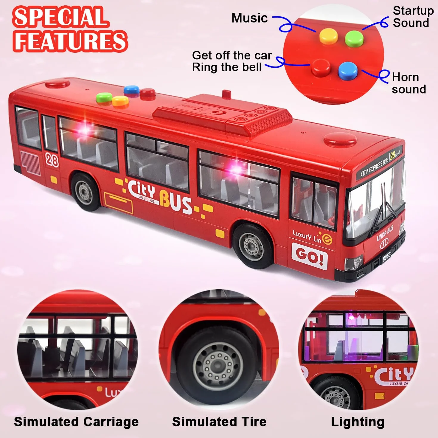 Zabawka autobusowa dla chłopców i dziewcząt - ze światłami i dźwiękami, realistyczne opony, symulowane funkcjonalne drzwi, ruch napędzany tarciem, czerwony