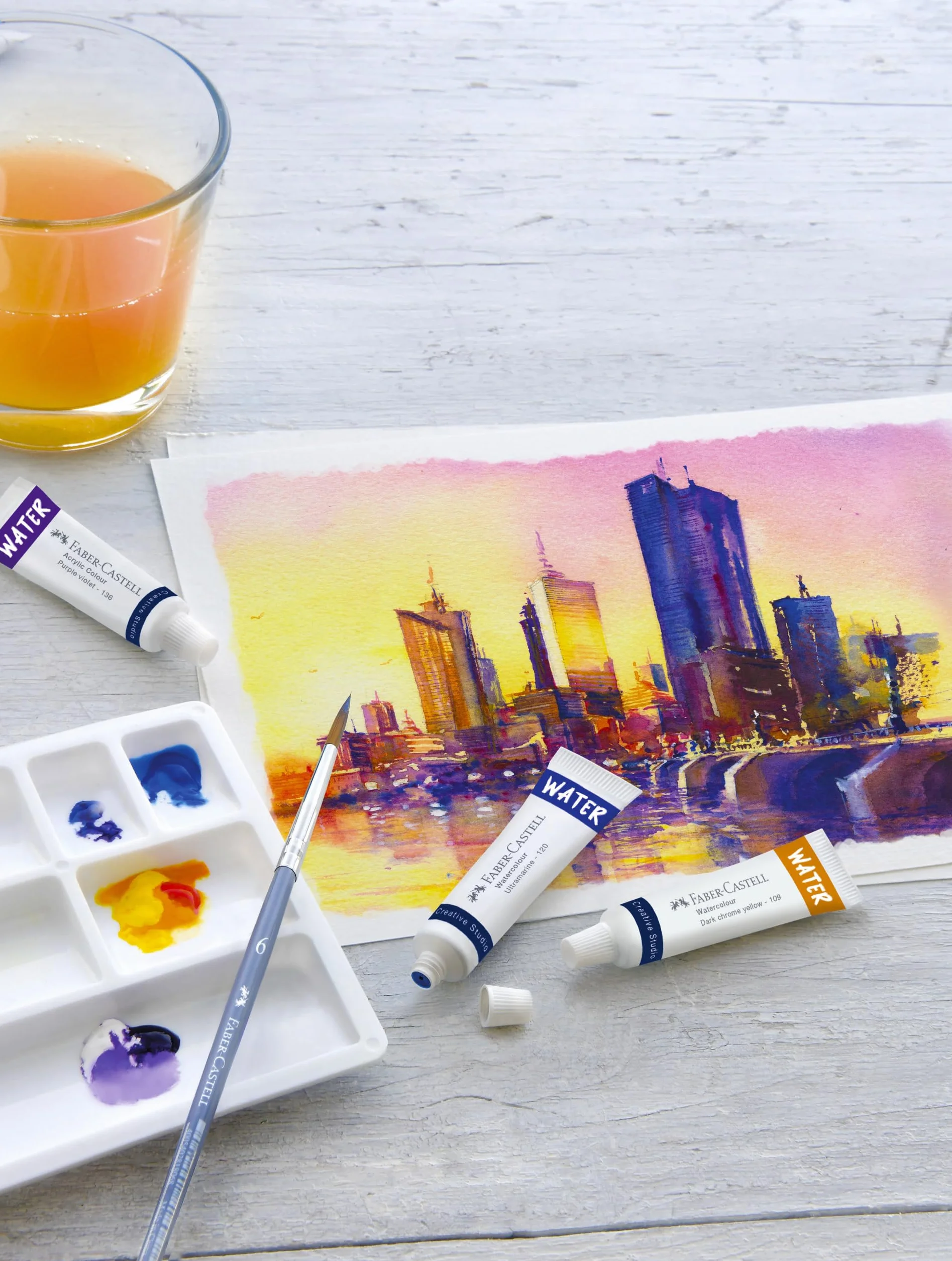 Faber-Castell Creative Studio zestaw akwareli, z paletą mieszającą, wielokolorowy, zestaw 24 sztuk, do sztuki, rzemiosła, rysowania, szkicowania, domu, szkoły, uniwersytetu, kolorowania