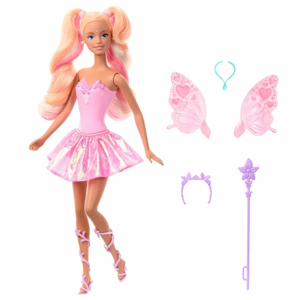 Barbie Wróżka Lalka z różdżką i akcesoriami modowymi, baśniowy motyw i zmiana koloru na skrzydełkach i stroju, JCP76