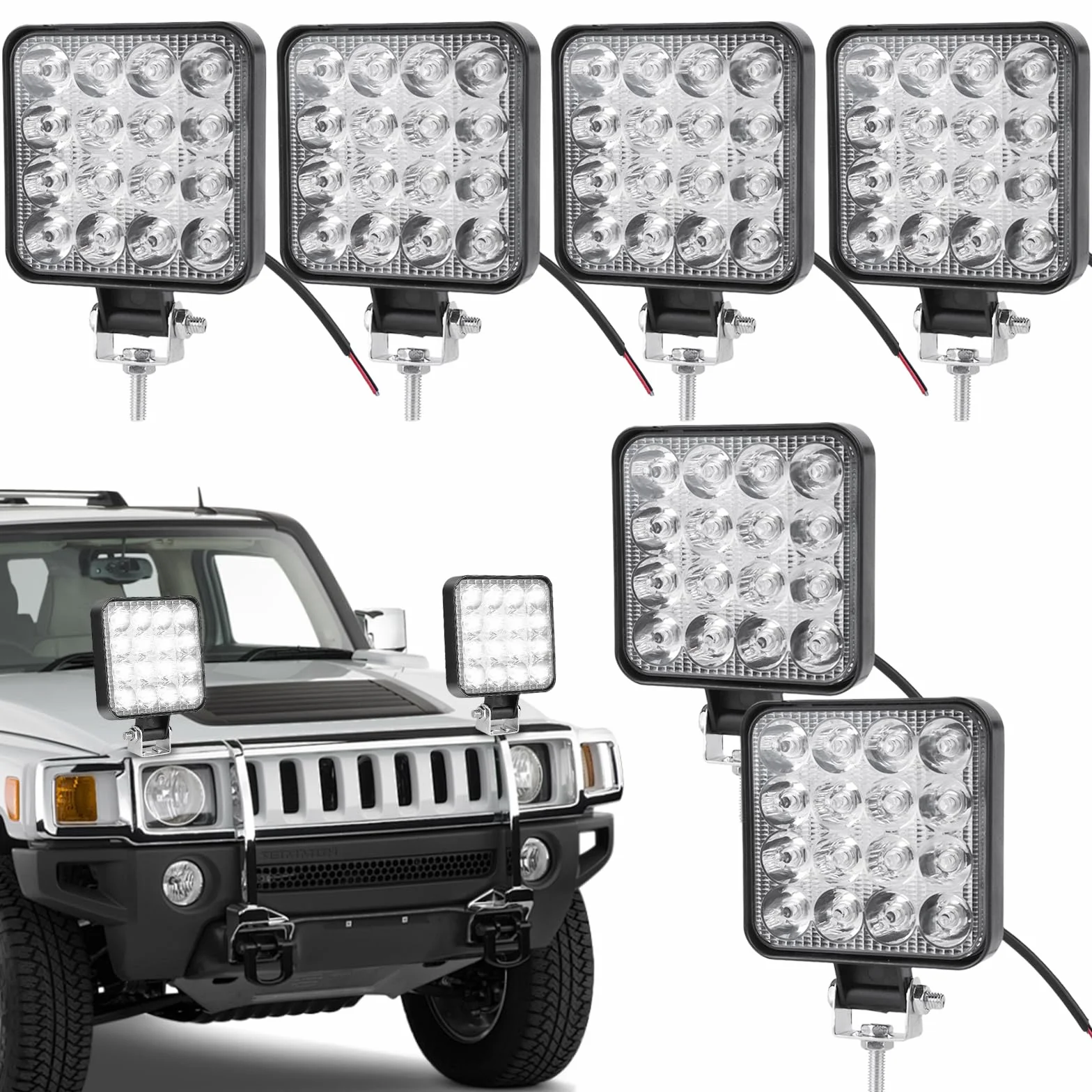 6 Sztuk Reflektorów Roboczych LED: 48 W, Kwadratowe, Offroad, Dodatkowy 12 V, 1200 lm, IP65, Do Koparek, Traktorów
