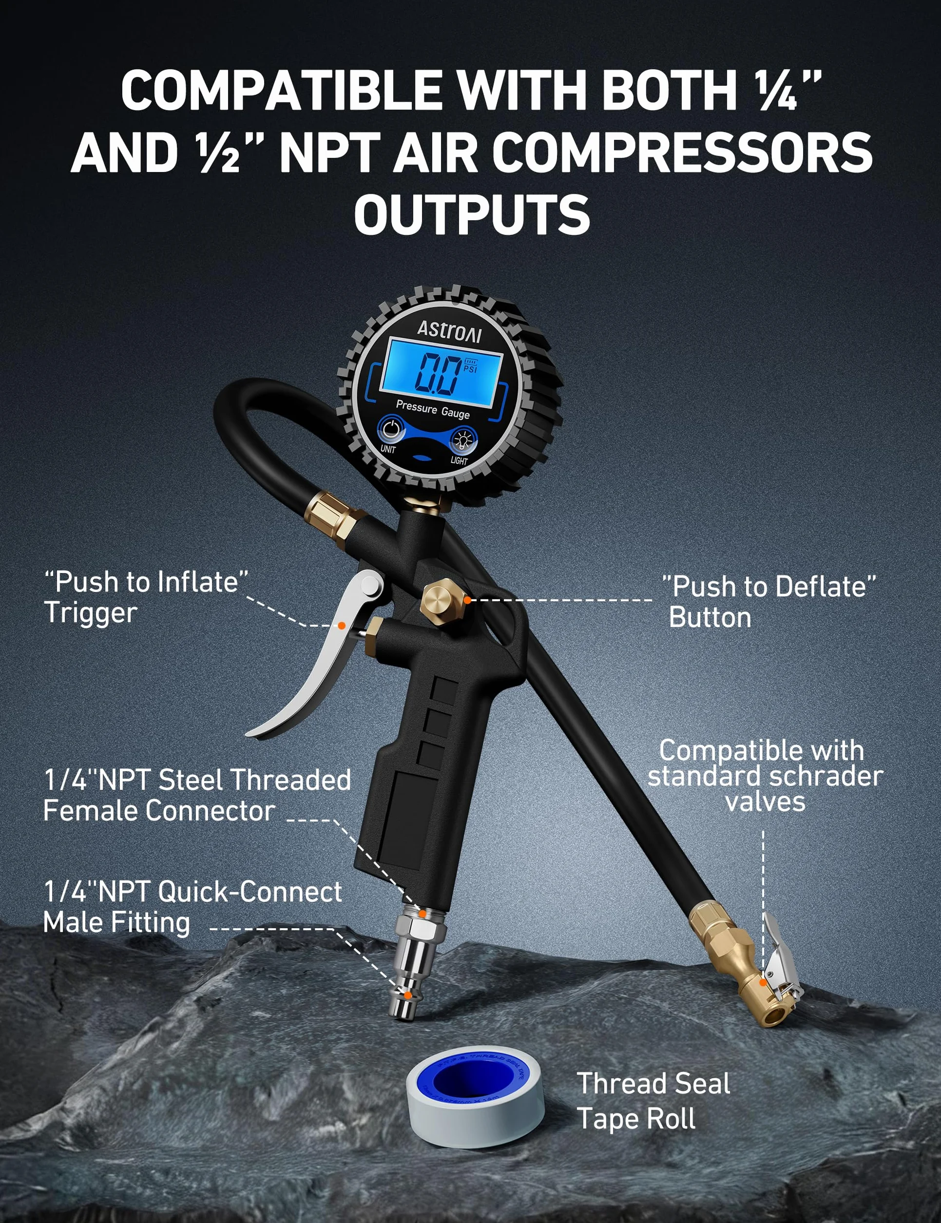 AstroAI Cyfrowa pompka do opon 250 PSI z manometrem