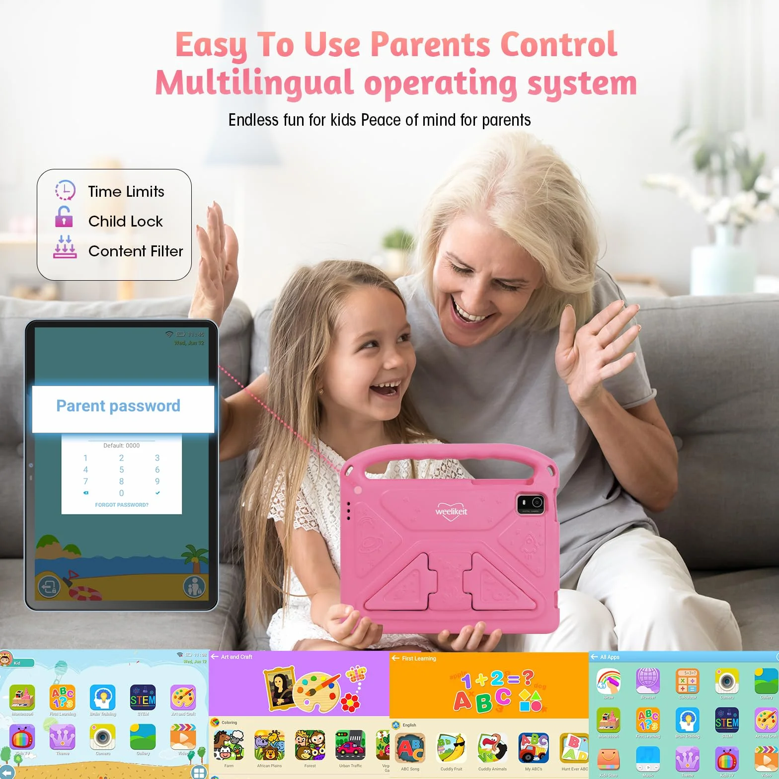 tablet dziecięcy 10-calowy z systemem Android 14, 8 (4 + 4) GB RAM, 128 GB ROM z osłoną EVA, Bluetooth, Wi-Fi, akumulator 6000 mAh, zabezpieczenie przed