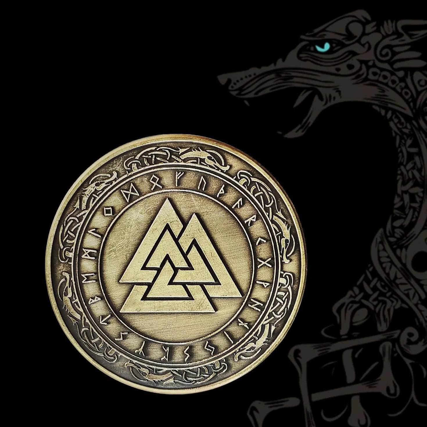 Norse Viking Mjolnir Coin Młot Thora, Coin Mitologia nordycka, talizman (Valknut Coin (Knot of the Slain Warrior))