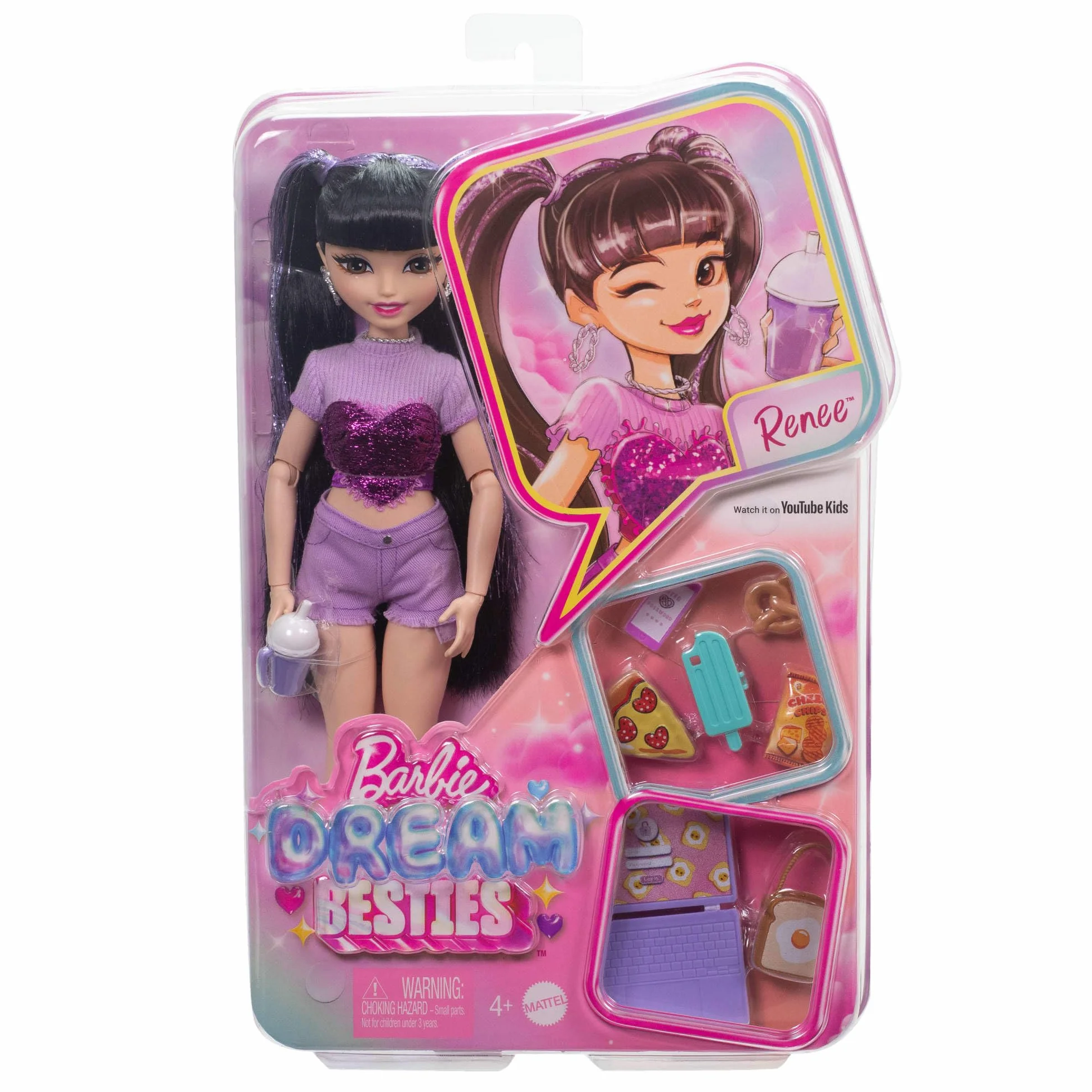 Barbie Dream Besties Lalka modowa Renee do ustawiania w różnych pozach z długimi czarnymi włosami i 8 akcesoriami z motywem jedzenia, HYC24