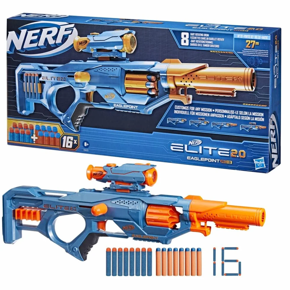 Wyrzutnia Nerf Elite 2.0 Eaglepoint RD-8, 8-strzałkowy magazynek bębnowy, zdejmowany celownik i lufa, 16 strzałek Nerf, mechanizm ryglowy